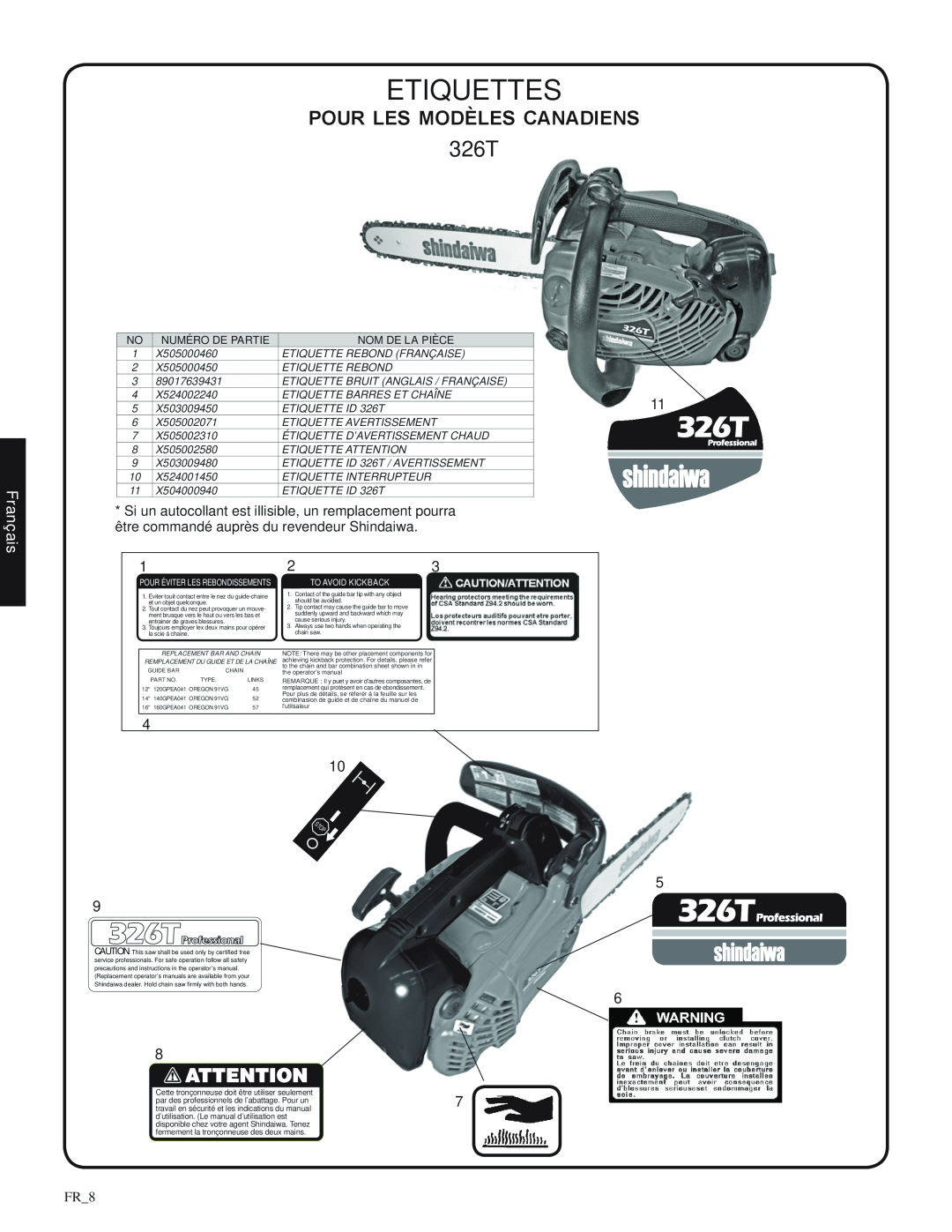 Shindaiwa 82085 manual Etiquettes, pour les modèles canadiens, 326T, Français, FR_8, Numéro de partie, Nom De La Pièce 