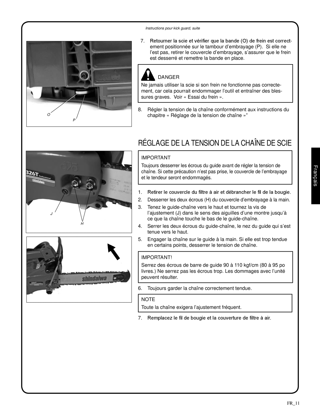 Shindaiwa 326T, 82085 manual réglage de la tension de la chaîne de scie, Danger, Français 