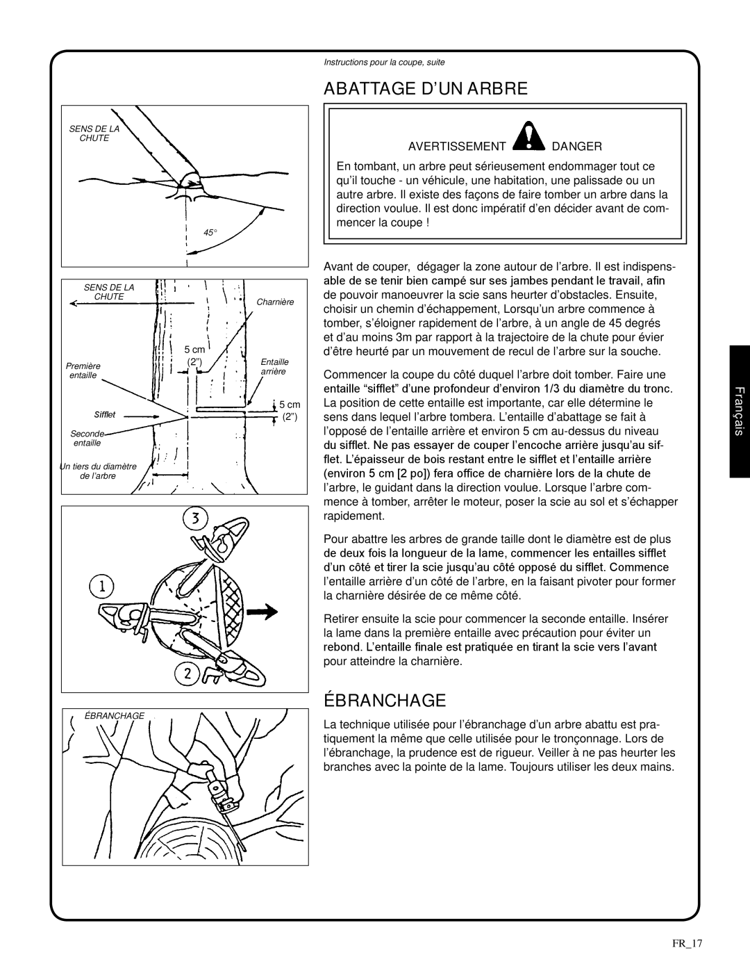 Shindaiwa 326T, 82085 manual Abattage D’Un Arbre, Ébranchage, avertissement danger, Français, FR_17 