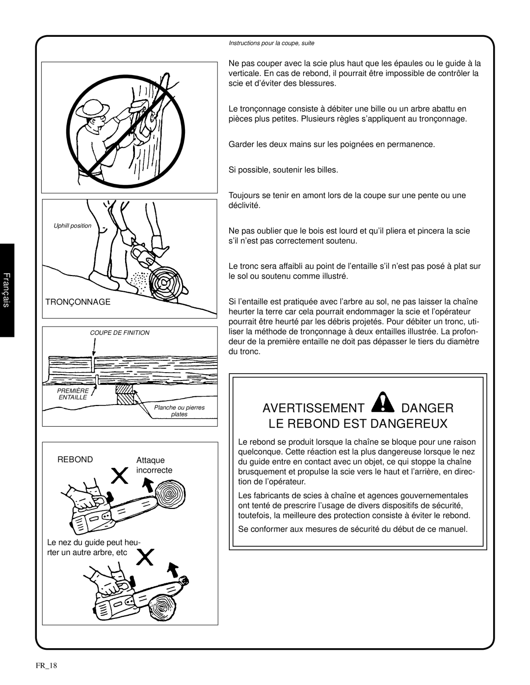 Shindaiwa 82085, 326T manual avertissement danger LE REBOND EST DANGEREUX, Tronçonnage, Français 