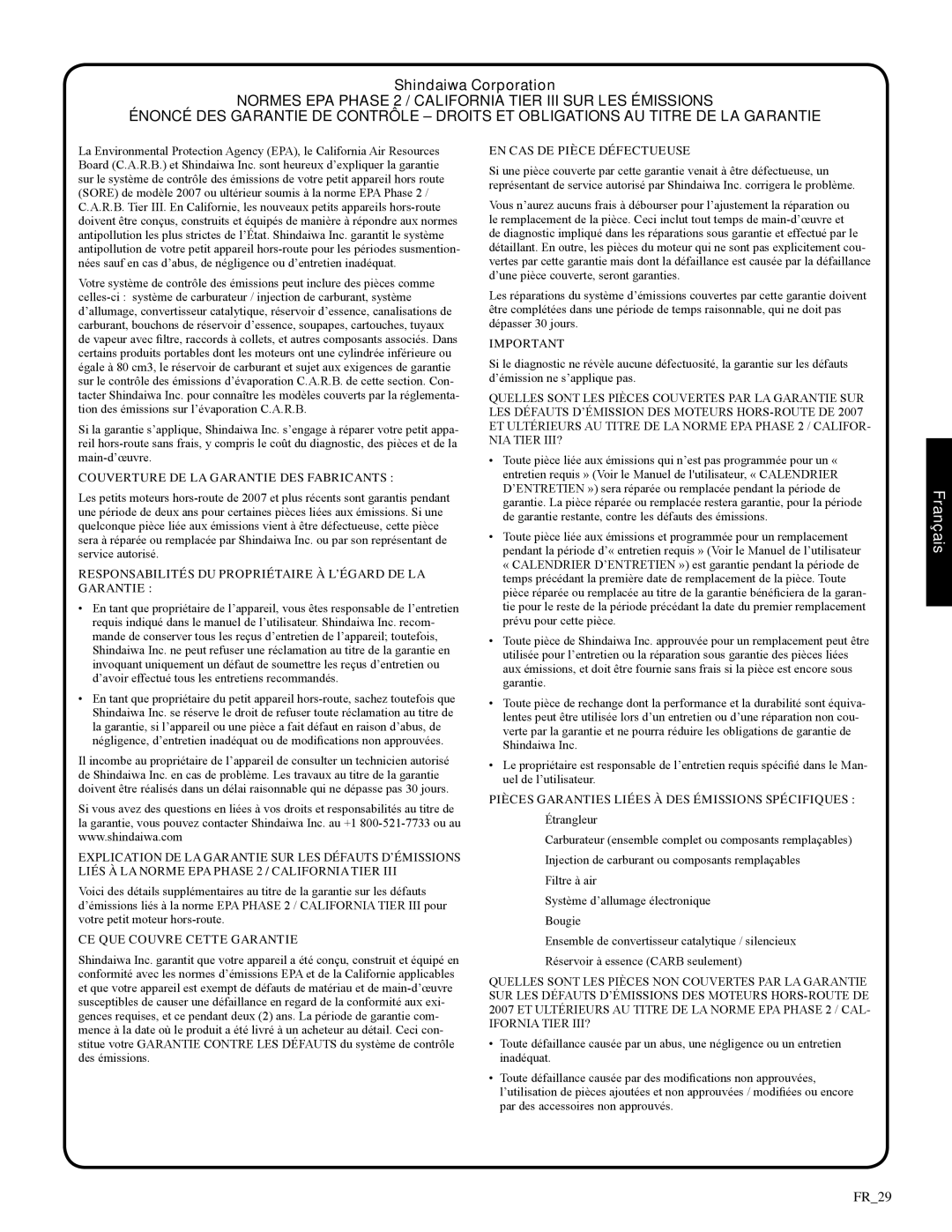 Shindaiwa 326T, 82085 manual Déclaration de garantie, Shindaiwa Corporation, Français 