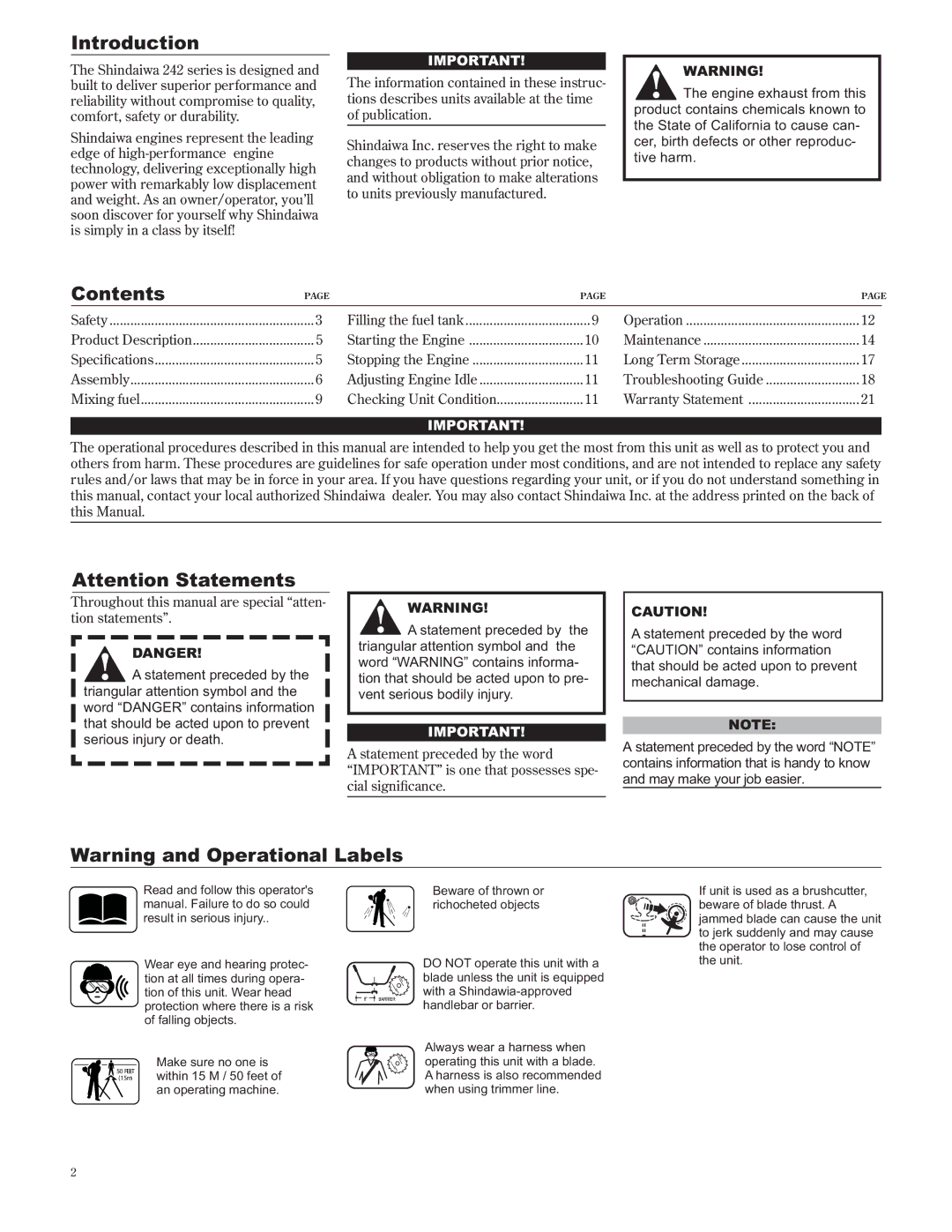 Shindaiwa 89302, C242/EVC manual Introduction, Contents 