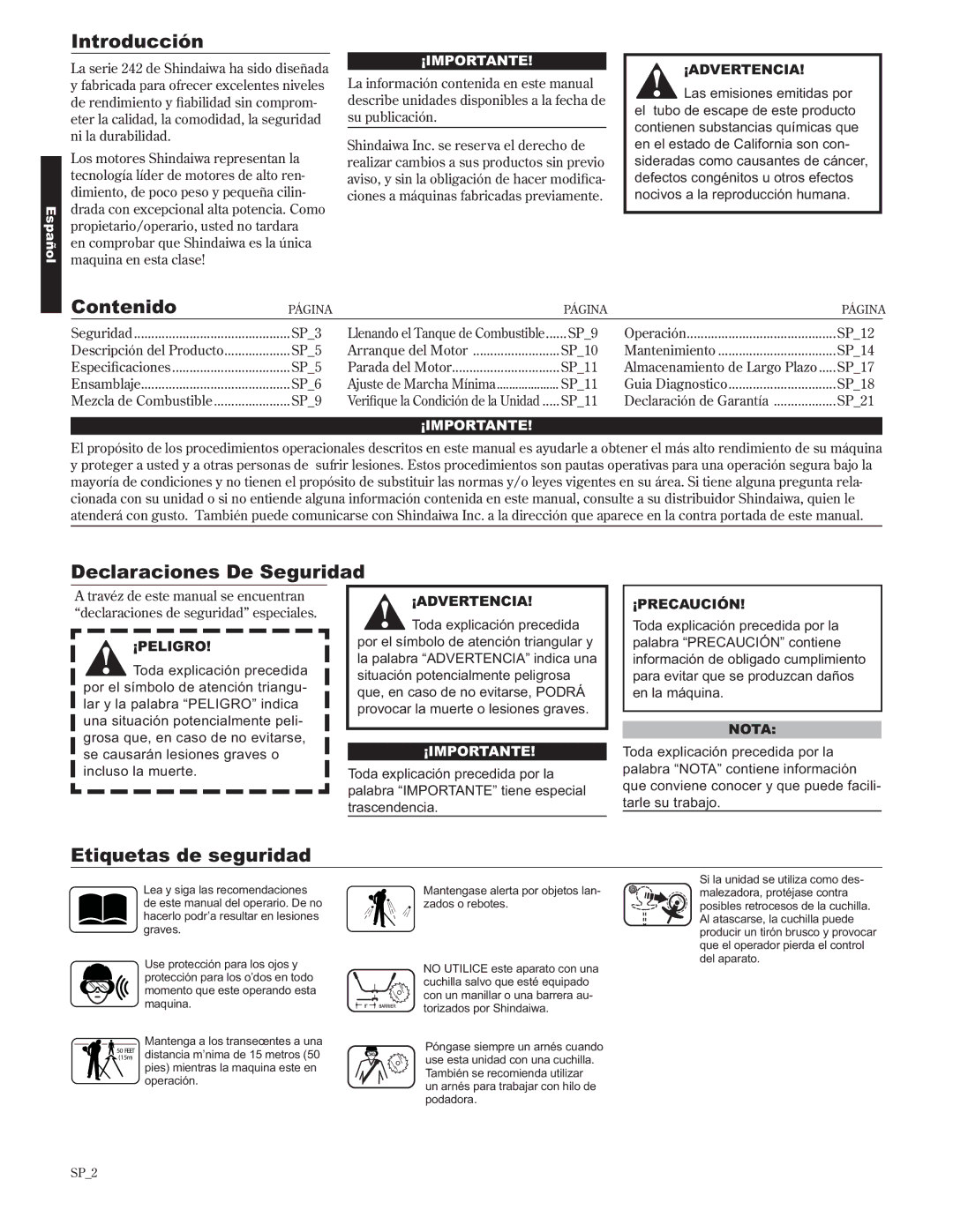 Shindaiwa 89302, C242/EVC manual Introducción, Contenido, Declaraciones De Seguridad, Etiquetas de seguridad 