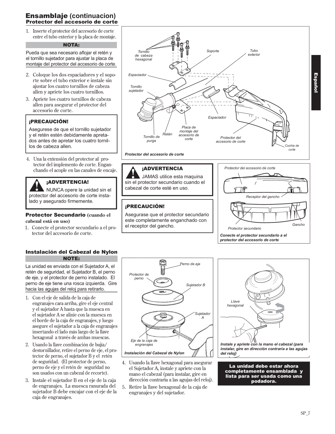 Shindaiwa C242/EVC, 89302 manual Ensamblaje continuacion, Protector del accesorio de corte, Protector Secundario cuando el 