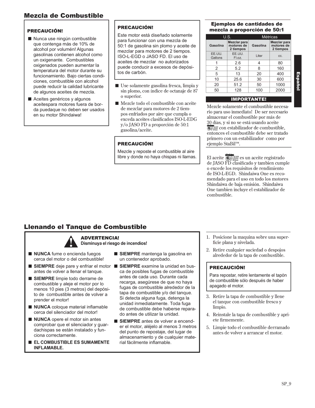 Shindaiwa C242/EVC, 89302 manual Mezcla de Combustible, Llenando el Tanque de Combustible, Disminuya el riesgo de incendios 