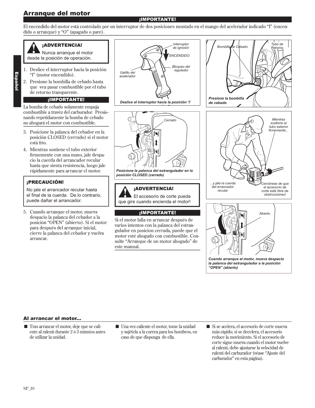 Shindaiwa 89302, C242/EVC manual Arranque del motor, Al arrancar el motor 