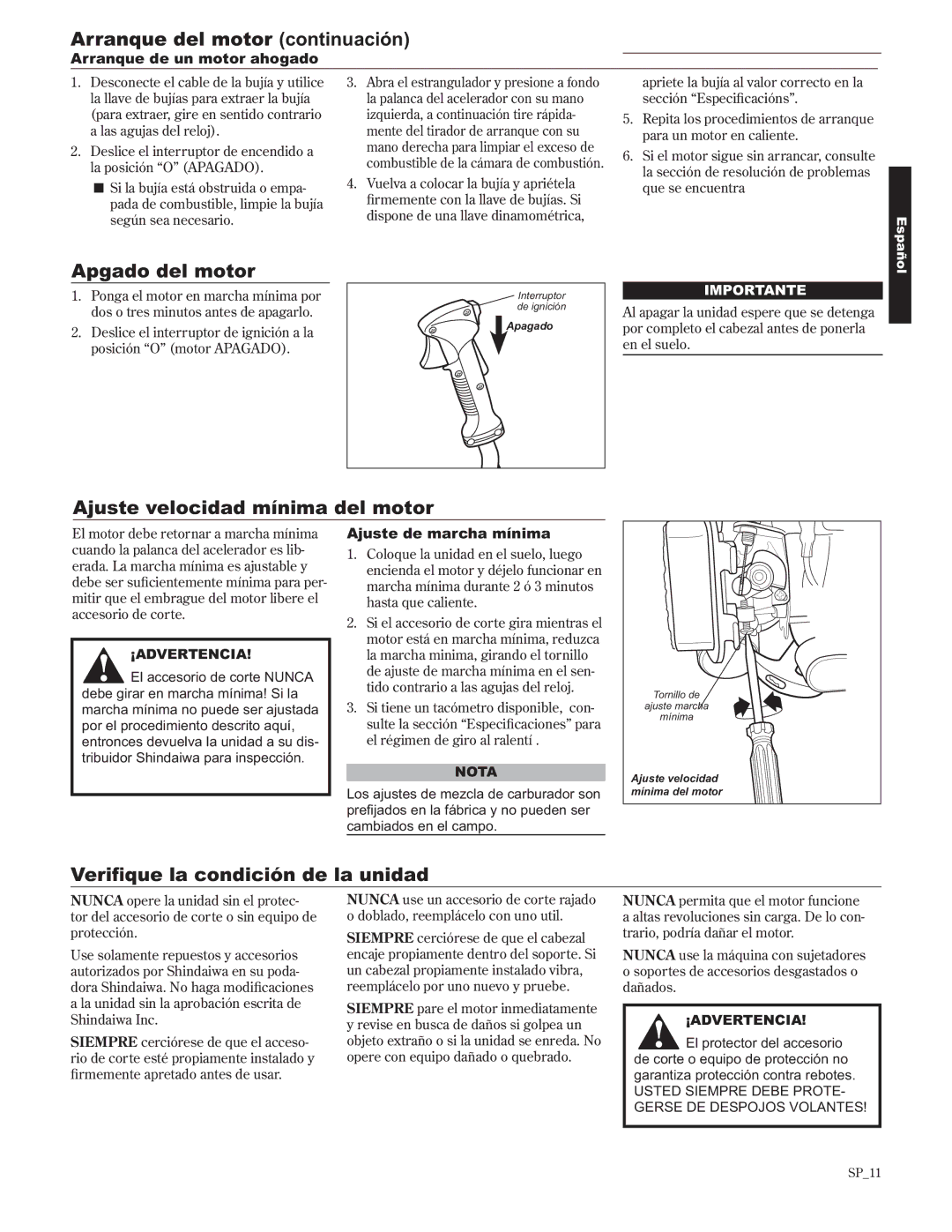 Shindaiwa C242/EVC, 89302 manual Arranque del motor continuación, Apgado del motor, Ajuste velocidad mínima del motor 