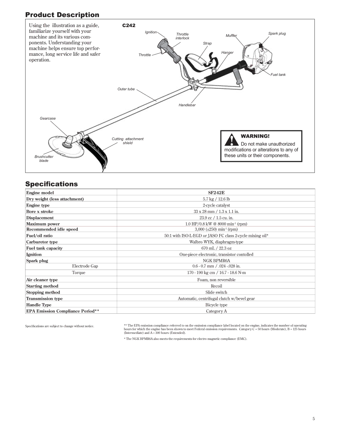 Shindaiwa C242/EVC, 89302 manual Product Description, Do not make unauthorized, These units or their components 