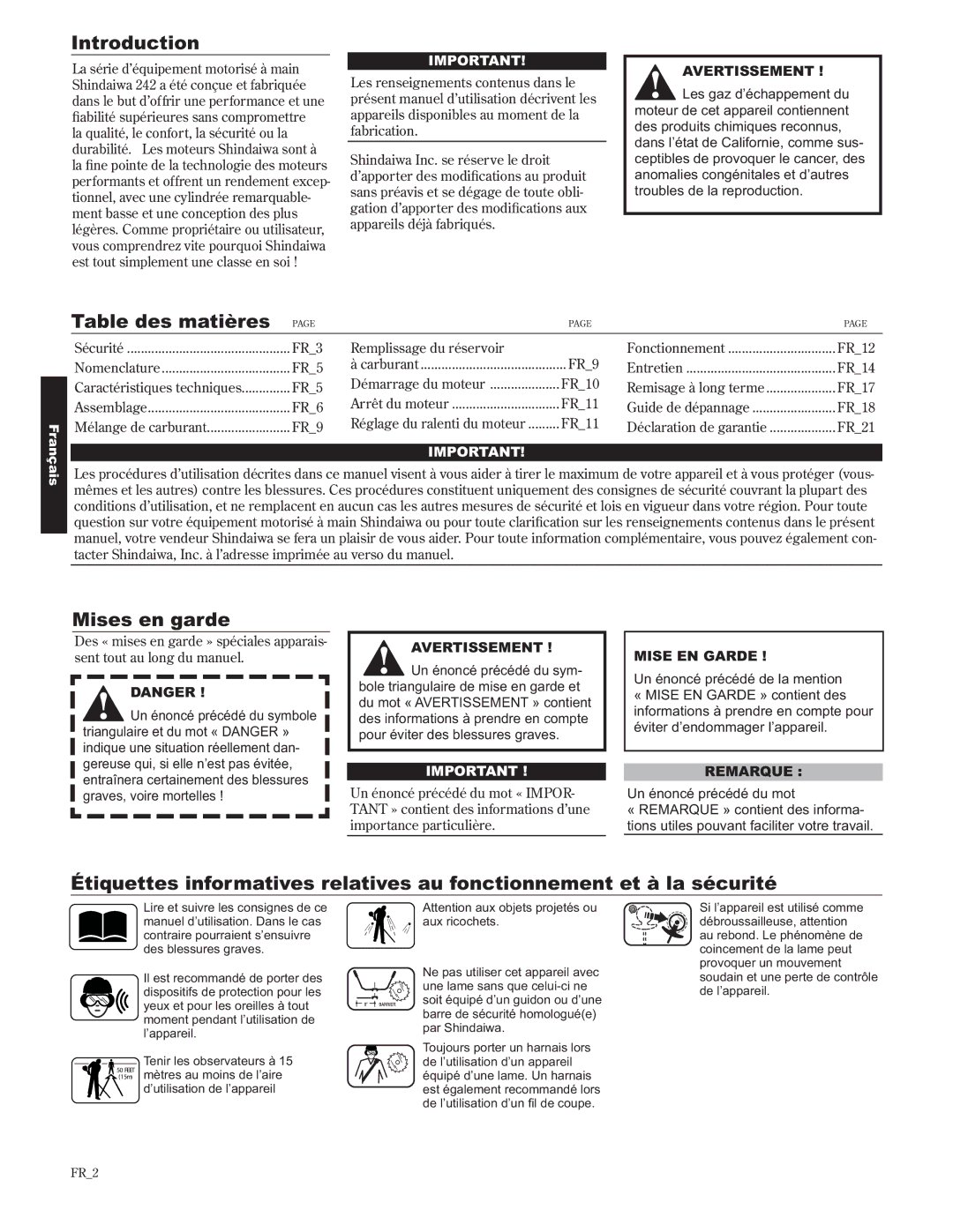 Shindaiwa 89302, C242/EVC manual Table des matières, Mises en garde 