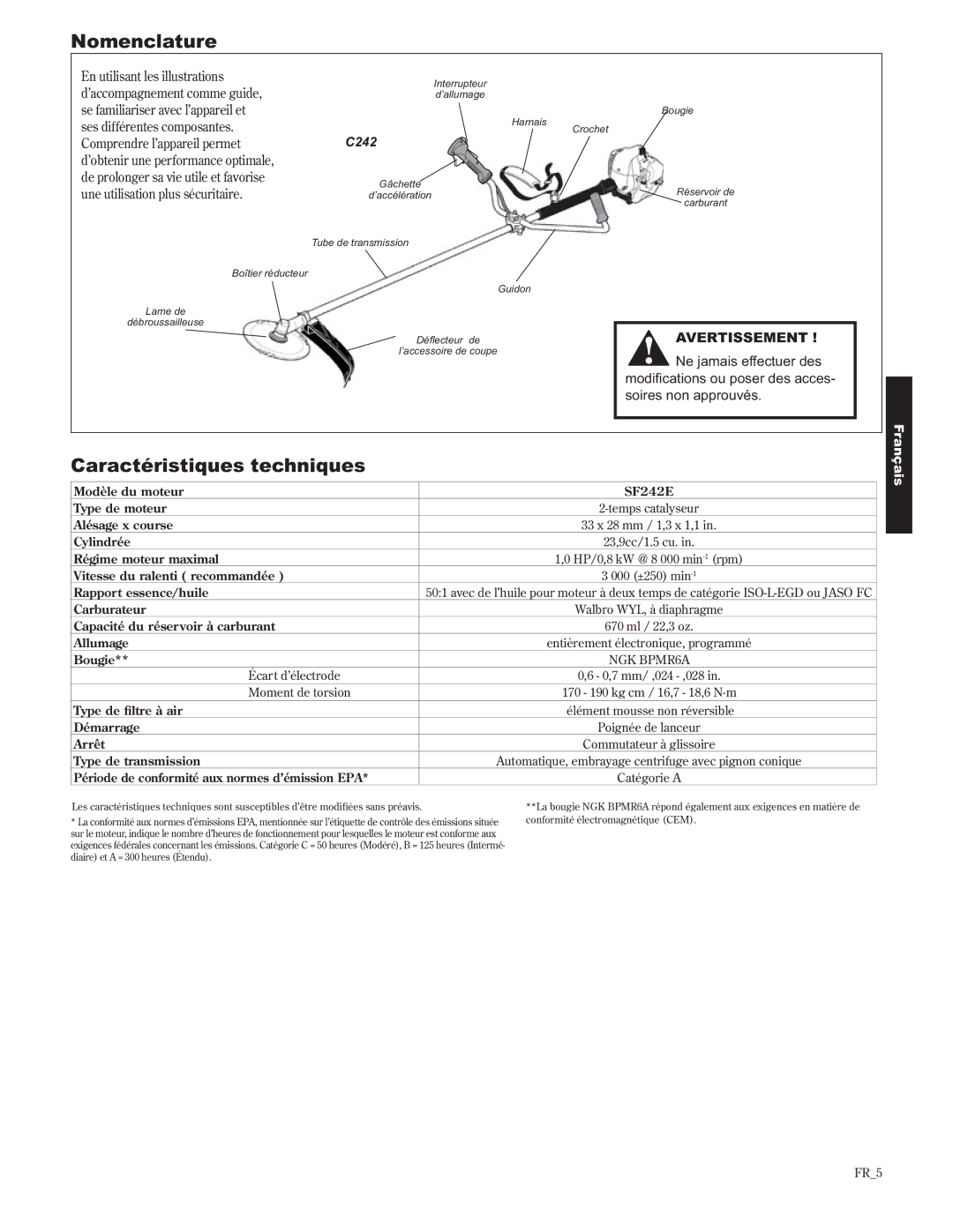 Shindaiwa C242/EVC, 89302 manual Nomenclature, Caractéristiques techniques, Ne jamais effectuer des 