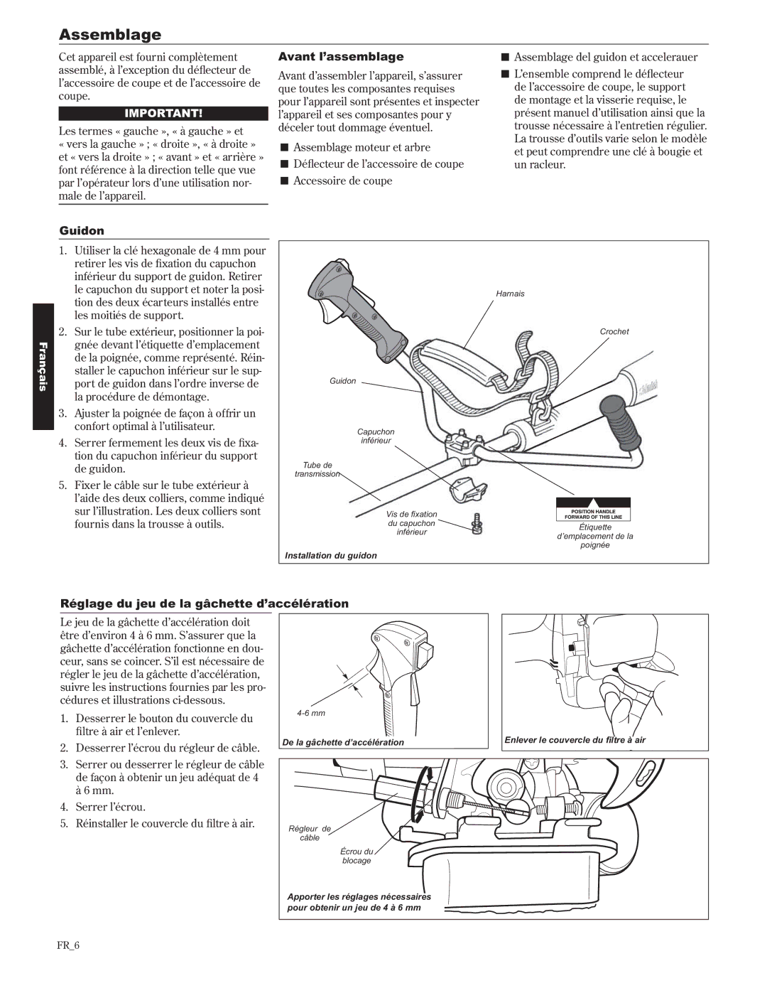 Shindaiwa 89302, C242/EVC manual Assemblage, Avant l’assemblage, Guidon, Réglage du jeu de la gâchette d’accélération 