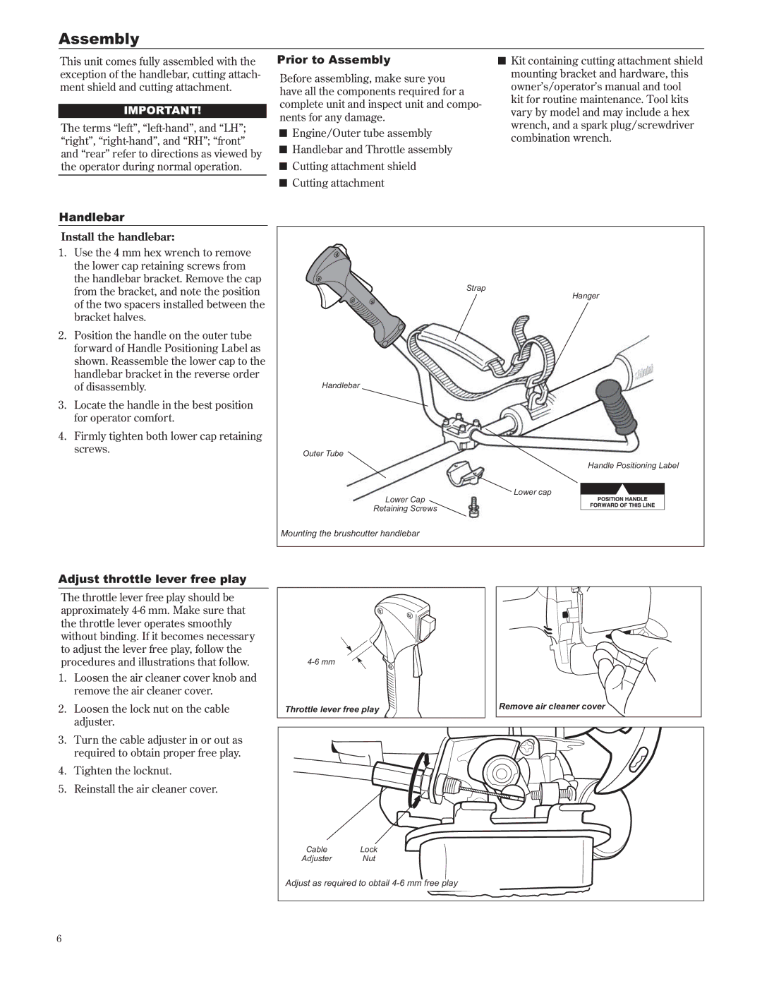 Shindaiwa 89302, C242/EVC manual Handlebar Prior to Assembly, Adjust throttle lever free play, Install the handlebar 