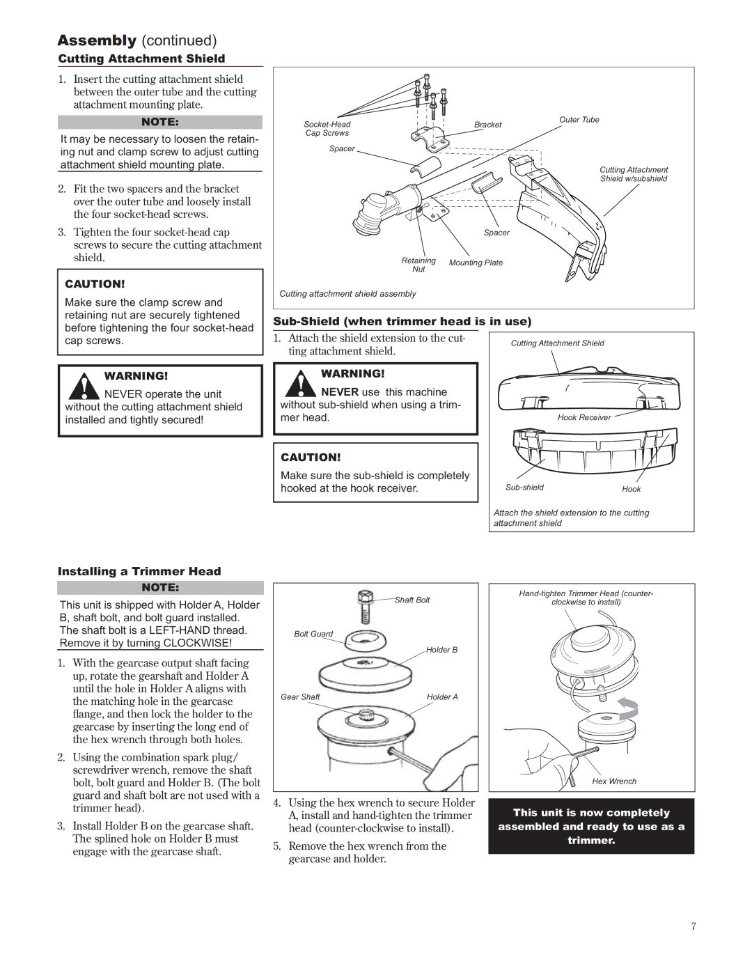 Shindaiwa C242/EVC, 89302 Cutting Attachment Shield, Sub-Shield when trimmer head is in use, Installing a Trimmer Head 