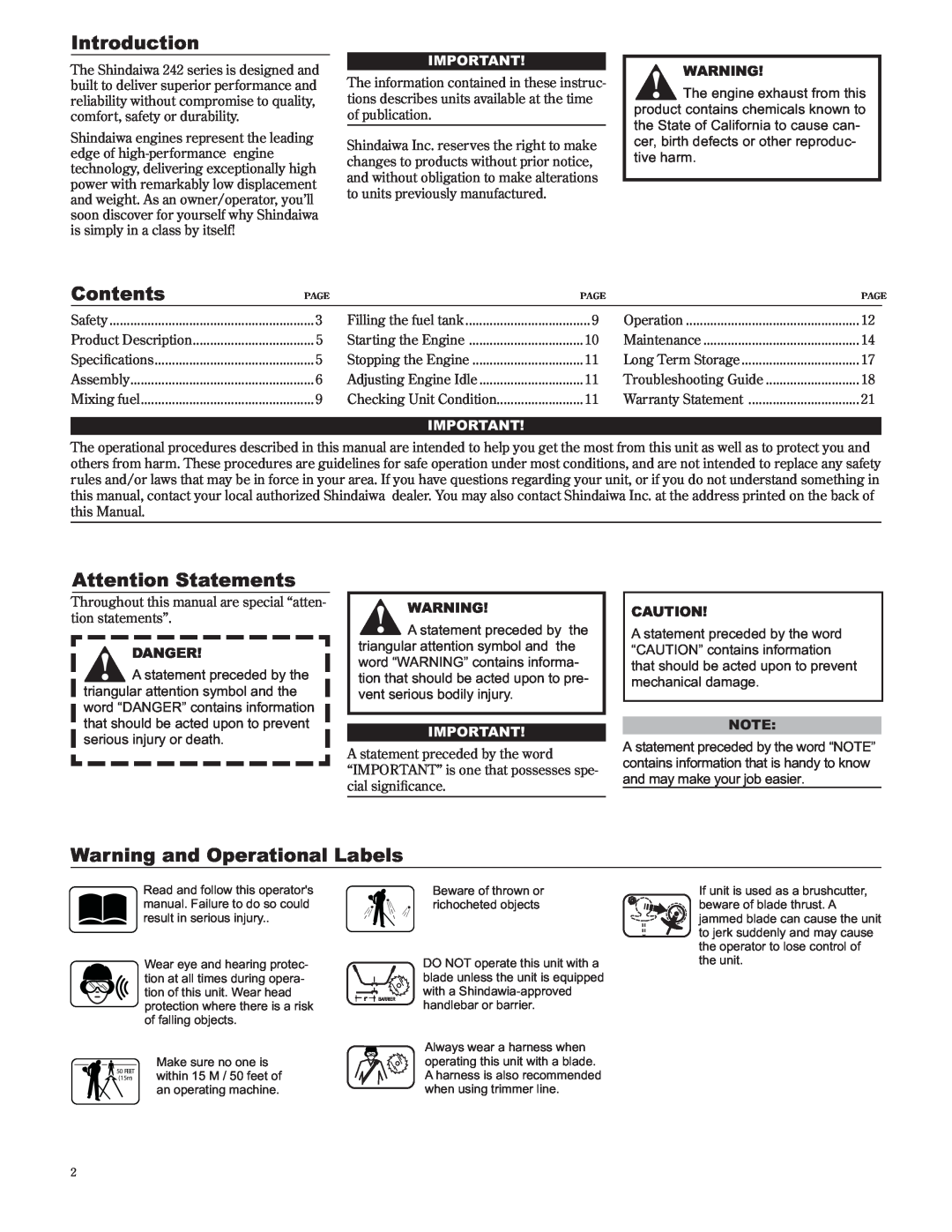 Shindaiwa 89302, C242/EVC manual Introduction, Contents, Attention Statements, Warning and Operational Labels, Danger 