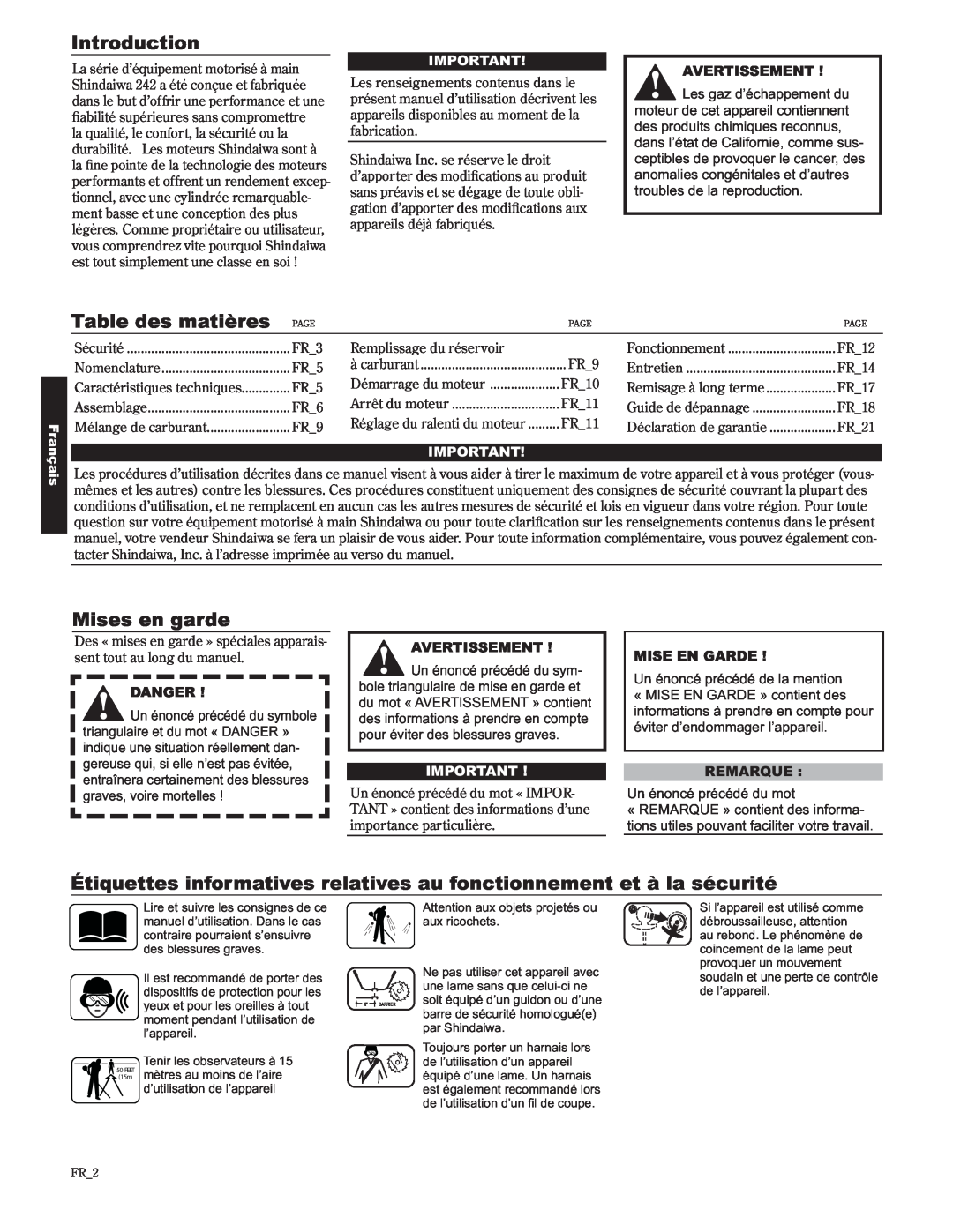 Shindaiwa 89302 Table des matières, Mises en garde, Étiquettes informatives relatives au fonctionnement et à la sécurité 
