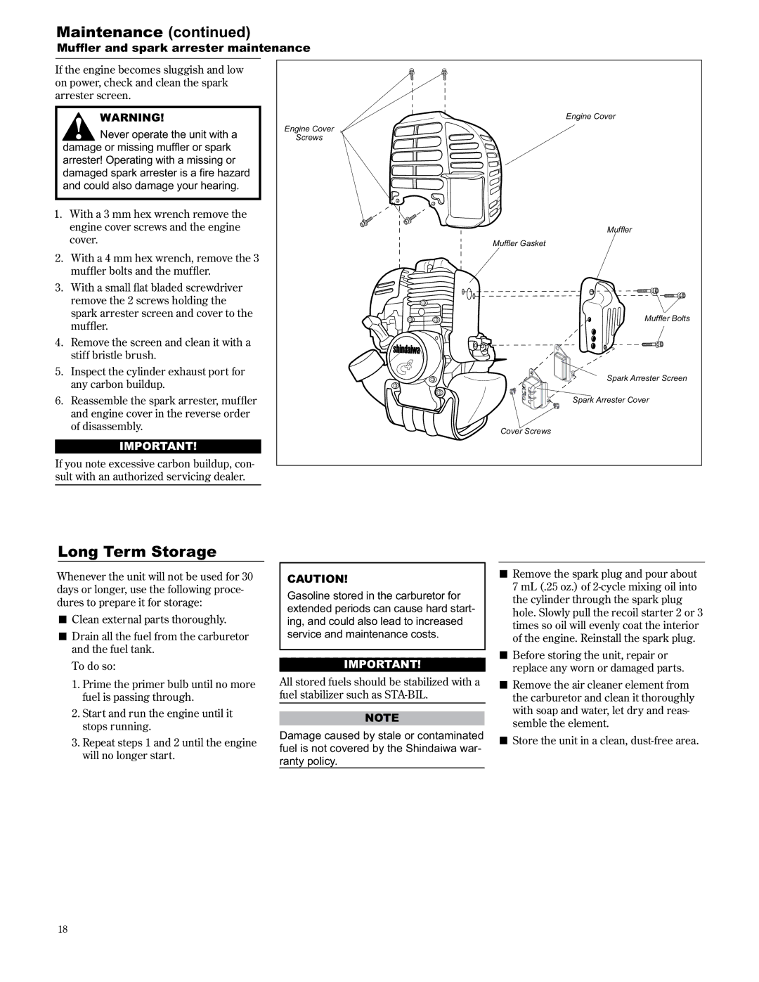 Shindaiwa 89303, C2510/EVC manual Long Term Storage, 0XIÁHUDQGVSDUNDUUHVWHU Dlqwhqdqfh 