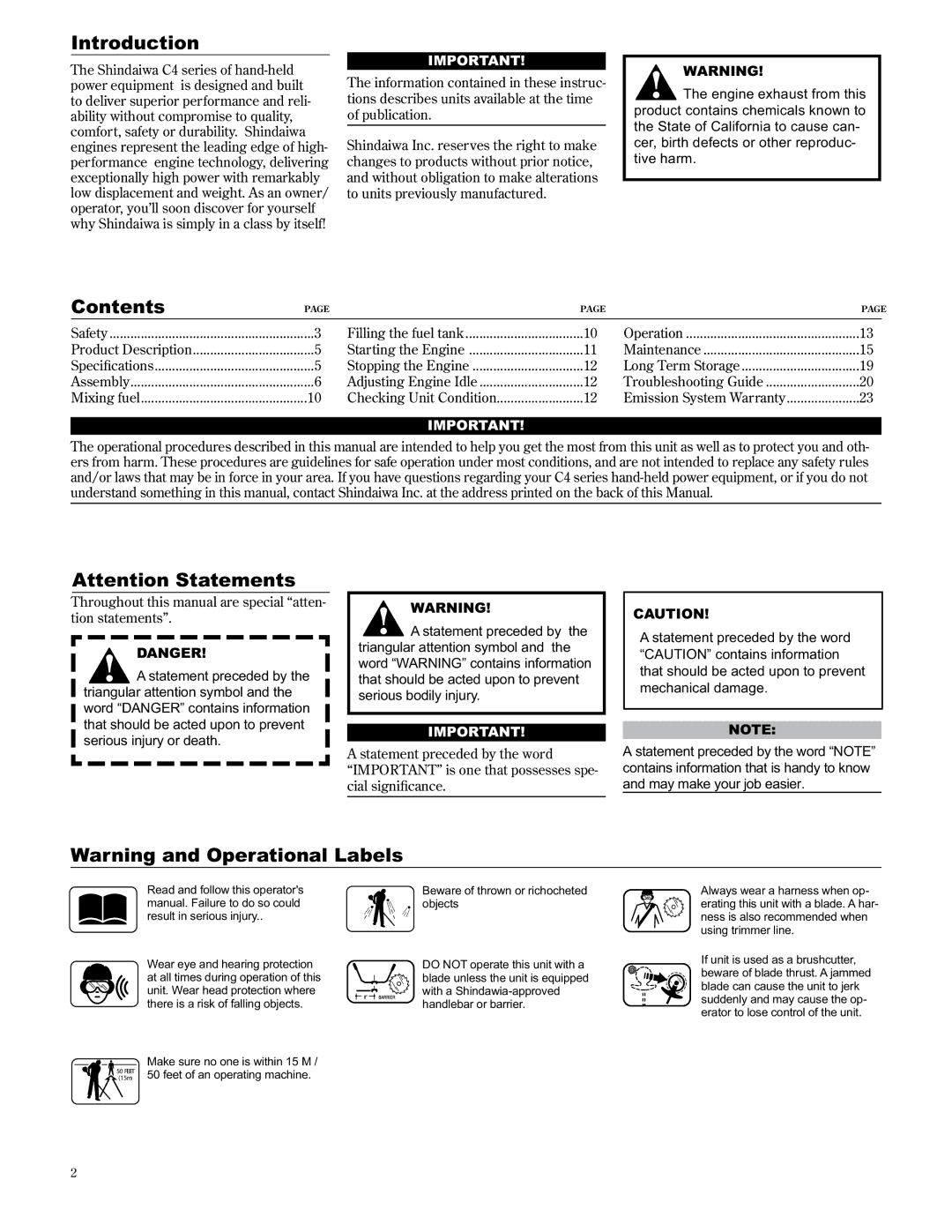 Shindaiwa C2510/EVC, 89303 manual Introduction, Contents 