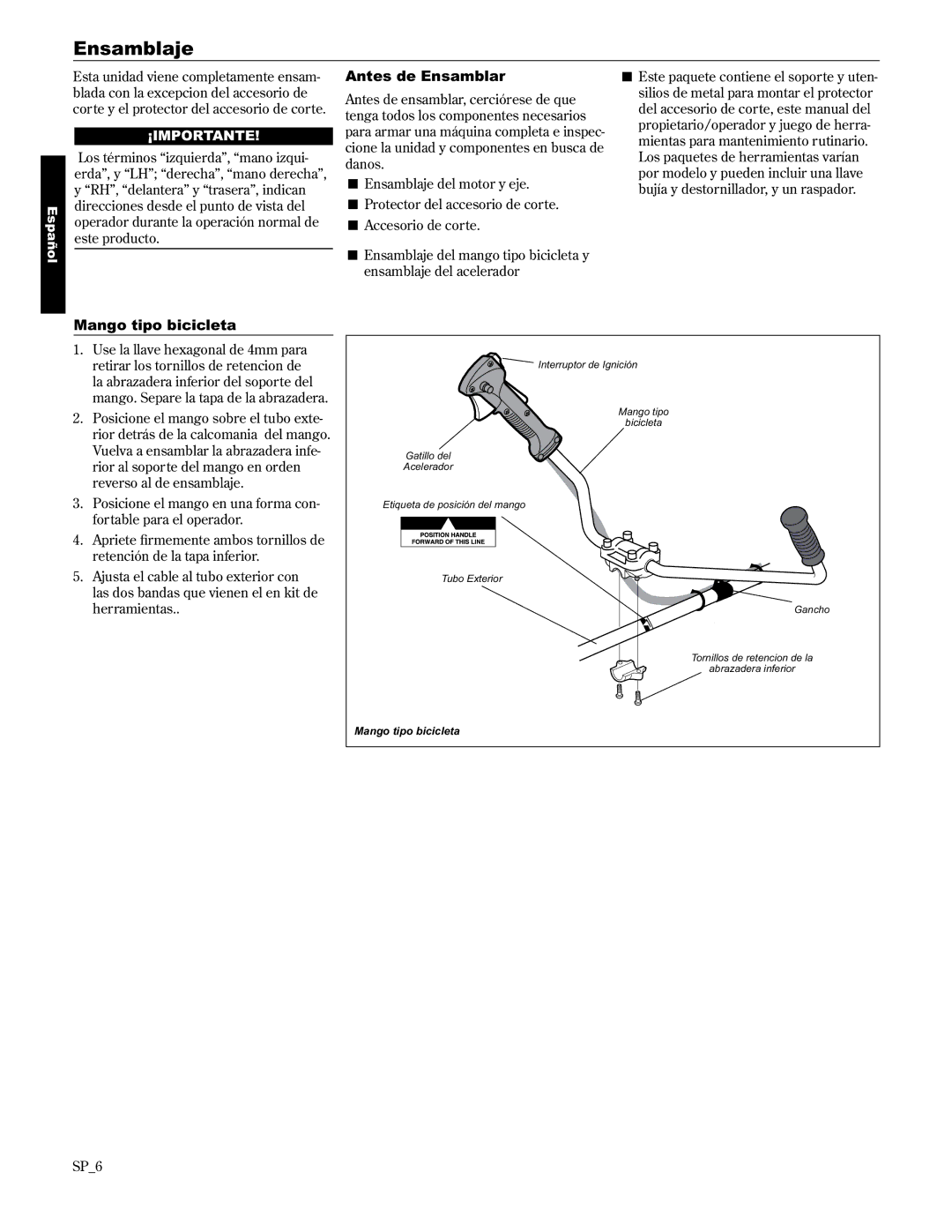 Shindaiwa 89303, C2510/EVC manual Ensamblaje, Antes de Ensamblar, Mango tipo bicicleta, SP6 