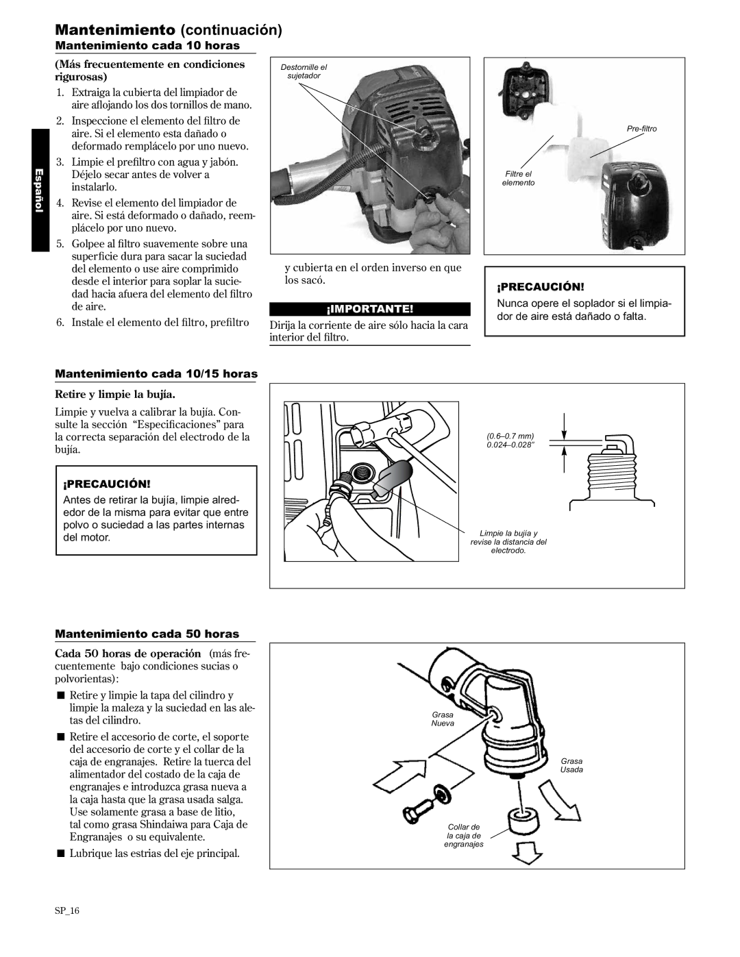 Shindaiwa 89303, C2510/EVC manual Mantenimiento continuación, Mantenimiento cada 10 horas, Mantenimiento cada 50 horas 