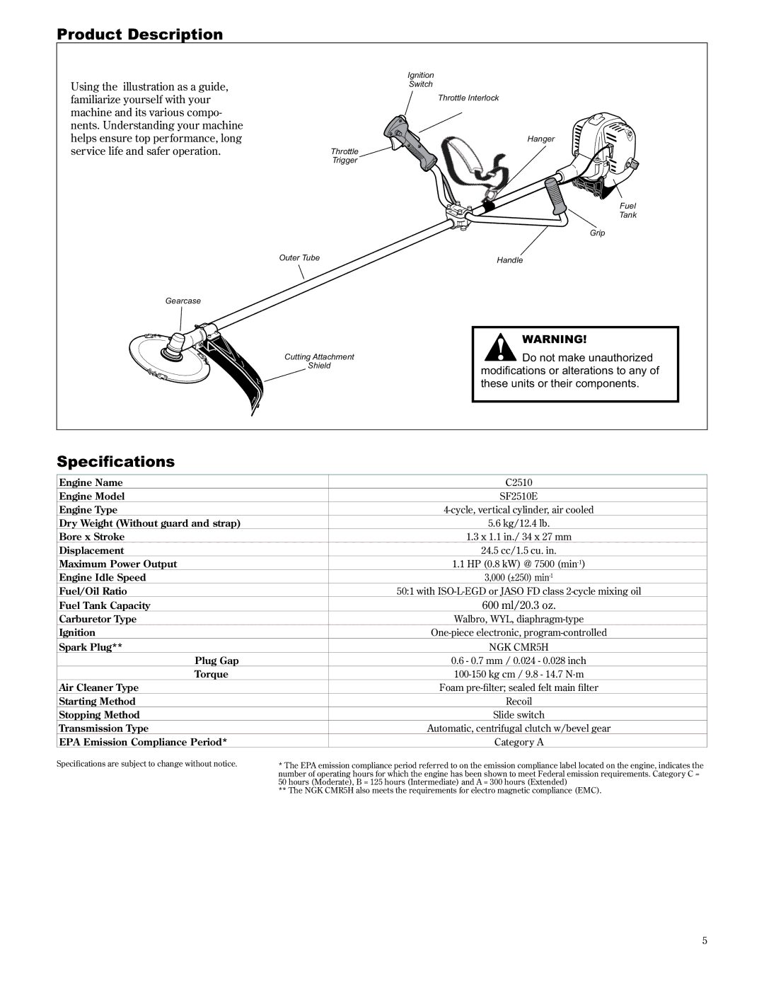 Shindaiwa C2510/EVC, 89303 manual Product Description, 6SHFLÀFDWLRQV 