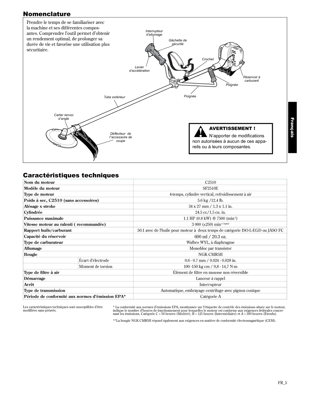 Shindaiwa C2510/EVC, 89303 manual Nomenclature, Caractéristiques techniques 