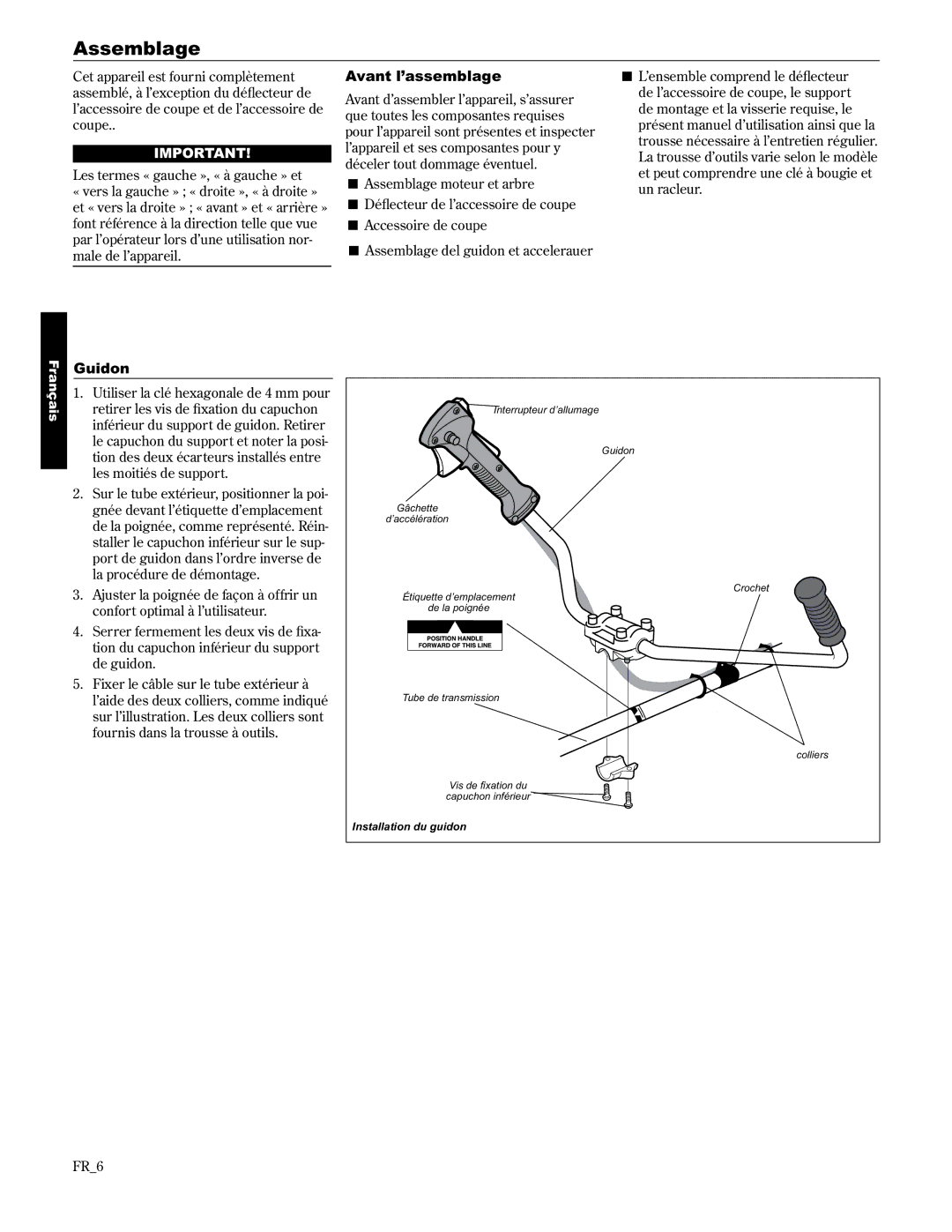 Shindaiwa 89303, C2510/EVC manual Assemblage, Avant l’assemblage, Guidon, FR6, Installation du guidon 