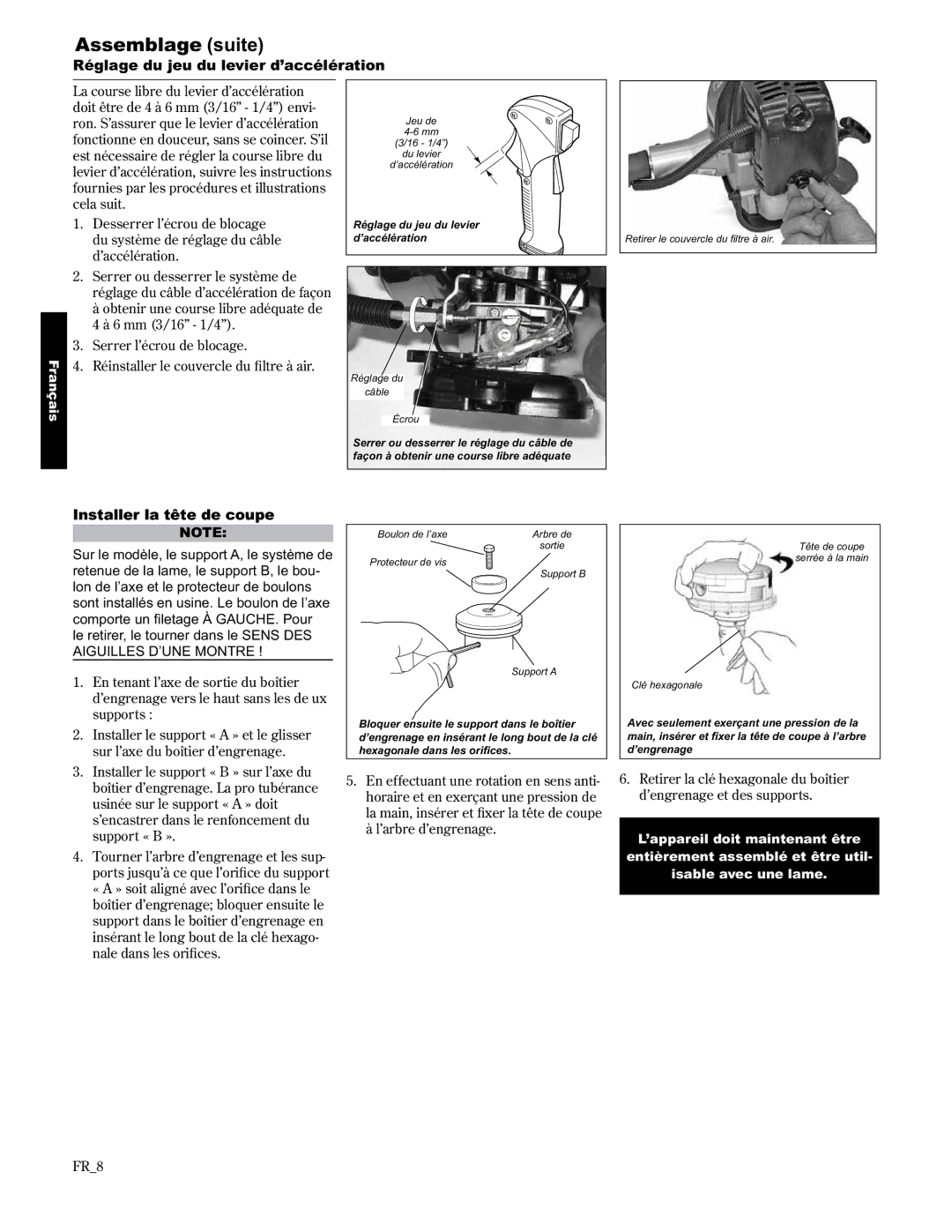 Shindaiwa C2510/EVC, 89303 manual Réglage du jeu du levier d’accélération, Installer la tête de coupe, FR8 