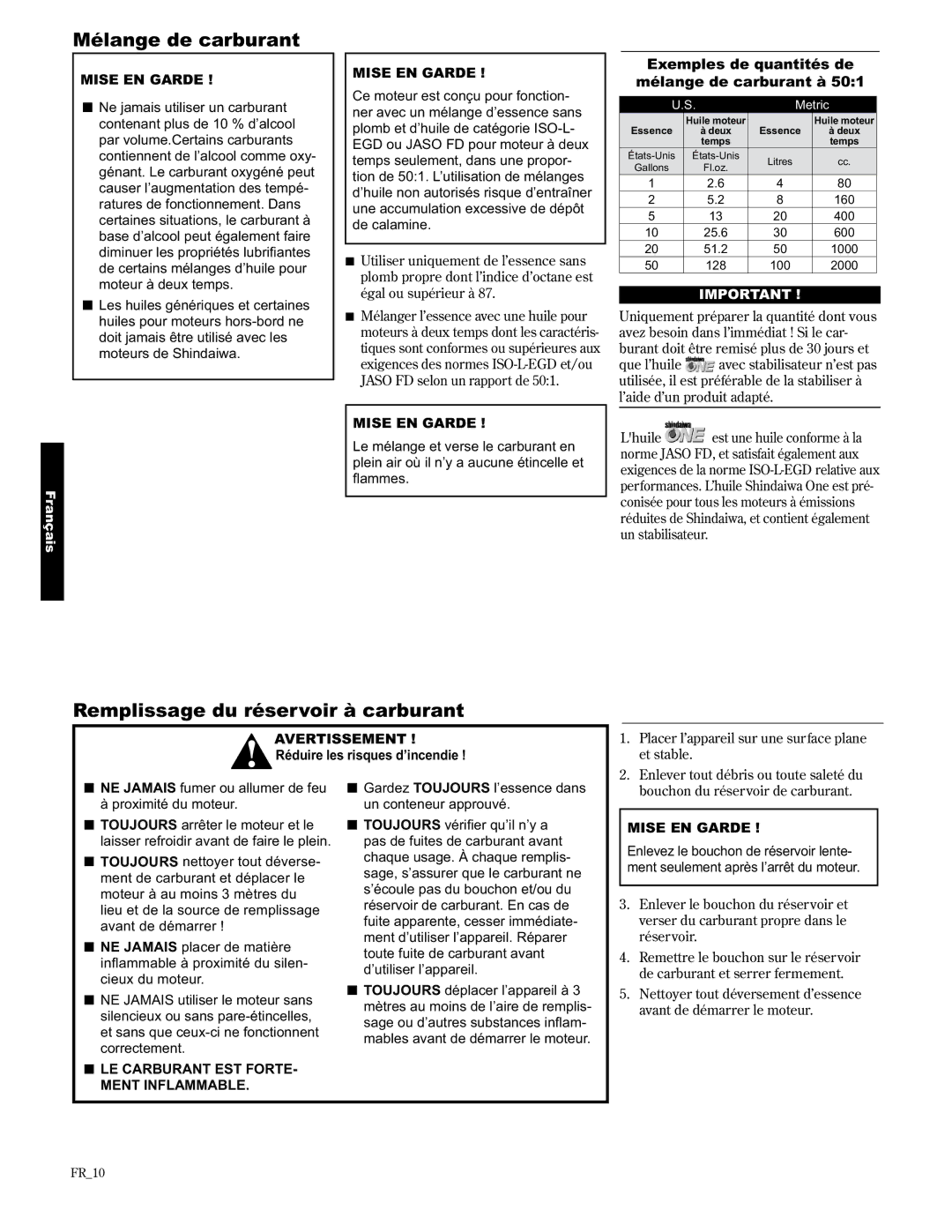 Shindaiwa C2510, 89303 manual Mélange de carburant, Remplissage du réservoir à carburant, Réduire les risques d’incendie 