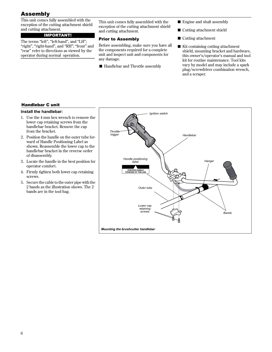 Shindaiwa 89303, C2510 Handlebar C unit, Prior to Assembly, Install the handlebar, Mounting the brushcutter handlebar 