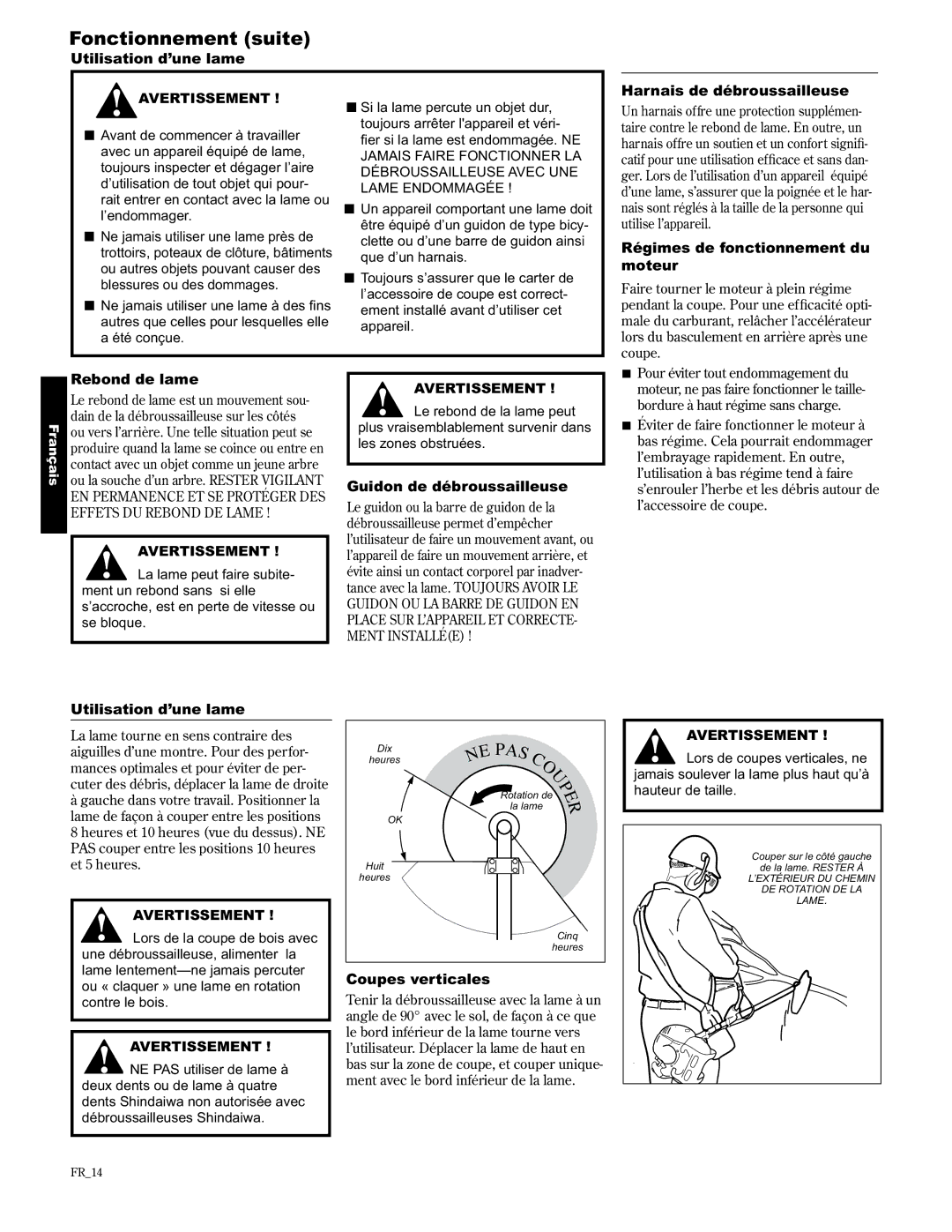 Shindaiwa C2510/EVC, 89303 manual Fonctionnement suite, Utilisation d’une lame, Harnais de débroussailleuse, Rebond de lame 