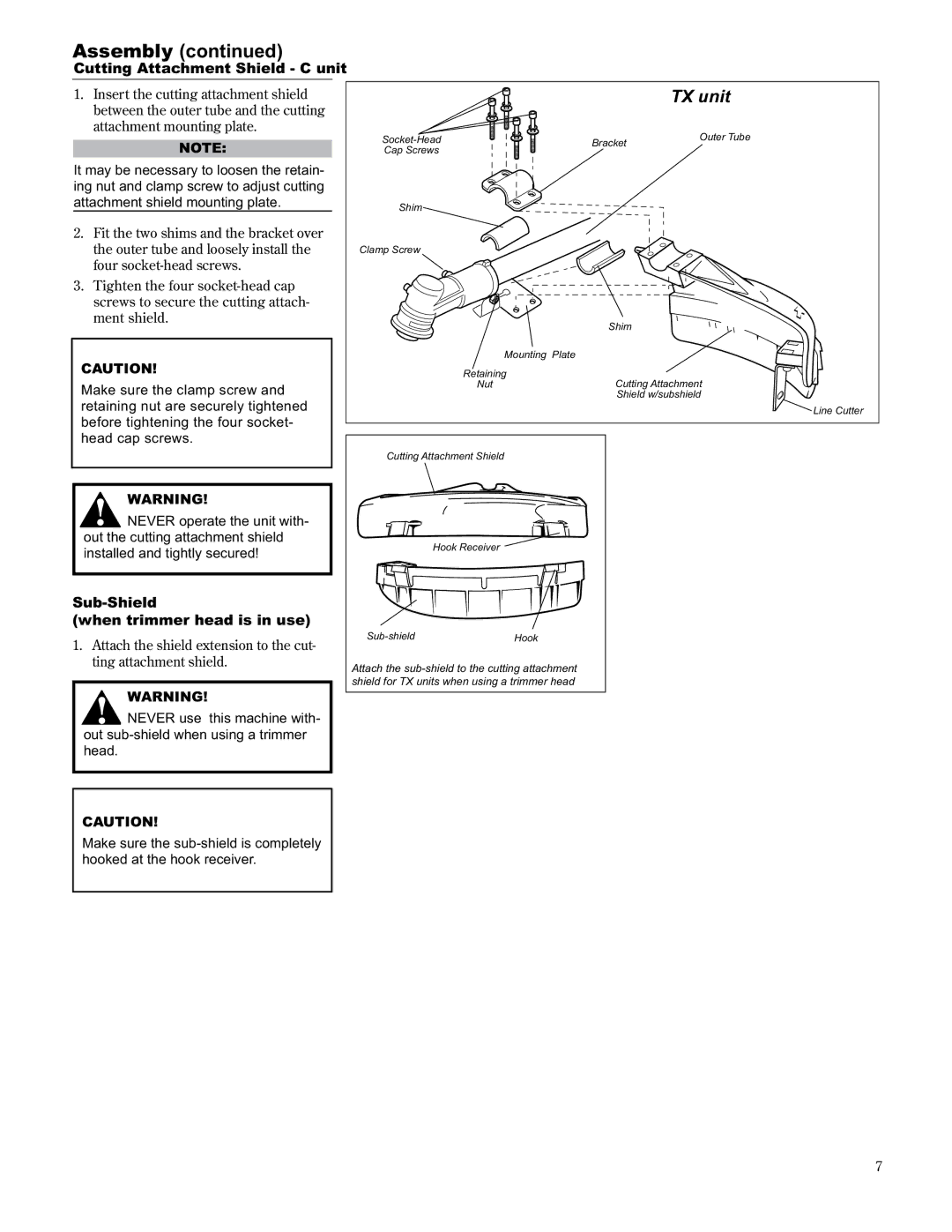 Shindaiwa 89303, C2510/EVC manual Sub-Shield When trimmer head is in use, Cutting Attachment Shield C unit 