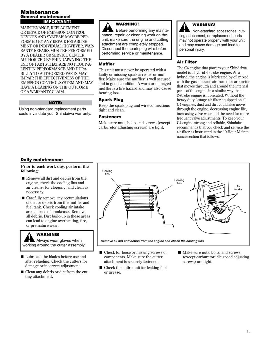 Shindaiwa C3410/EVC, 89304 manual Maintenance 