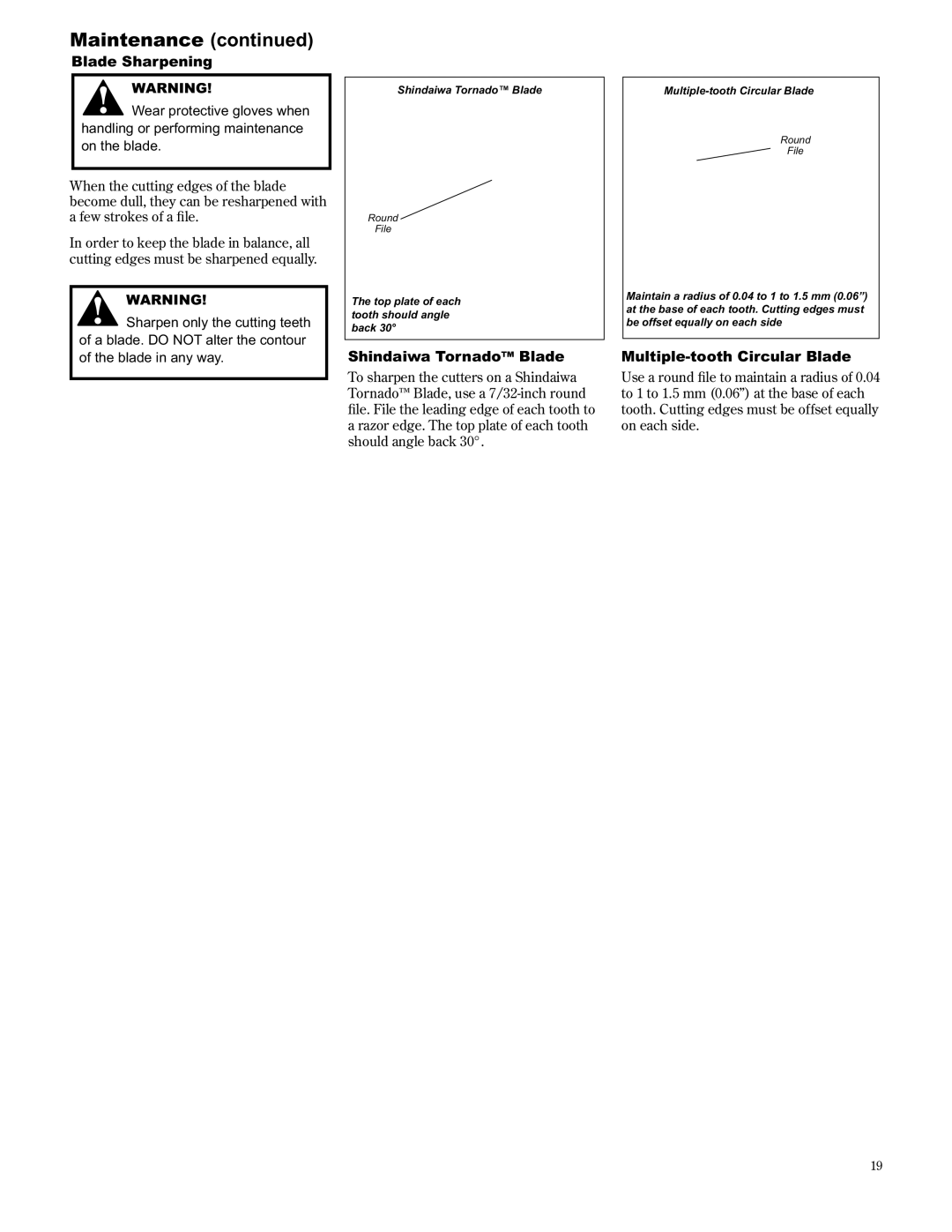 Shindaiwa C3410/EVC, 89304 manual Blade Sharpening, Shindaiwa Tornado Blade, Multiple-tooth Circular Blade 