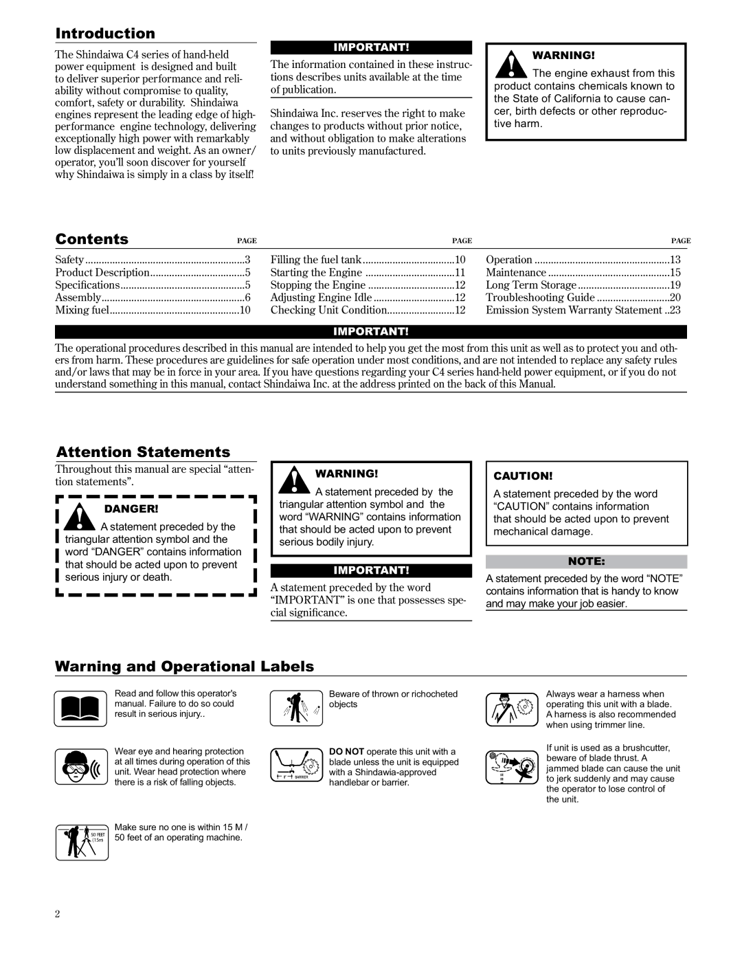 Shindaiwa 89304, C3410/EVC manual Introduction, Contents 