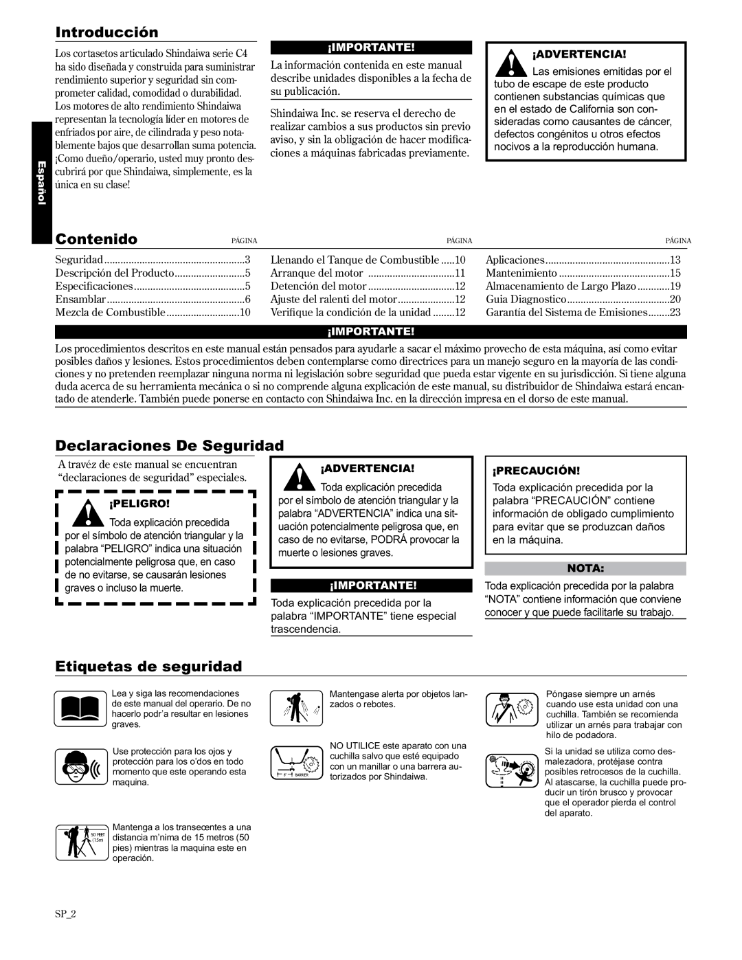 Shindaiwa 89304, C3410/EVC manual Introducción, Contenido, Declaraciones De Seguridad, Etiquetas de seguridad 