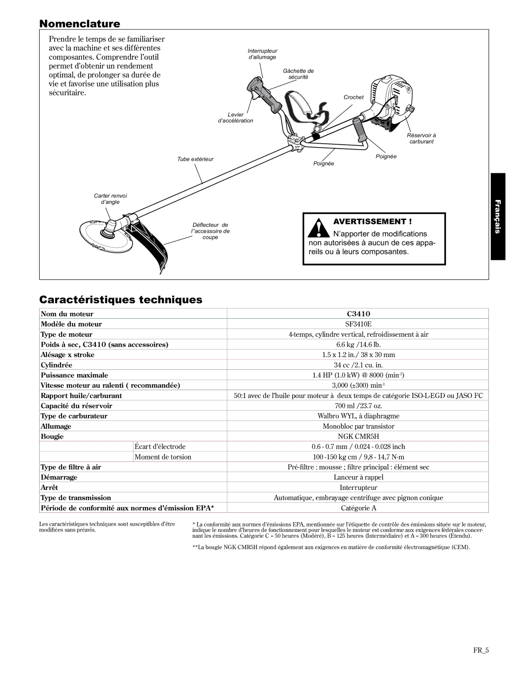 Shindaiwa C3410/EVC, 89304 manual Nomenclature, Caractéristiques techniques 