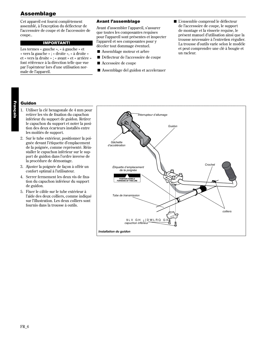 Shindaiwa 89304, C3410/EVC manual Assemblage, Avant l’assemblage, Guidon, FR6, Installation du guidon 