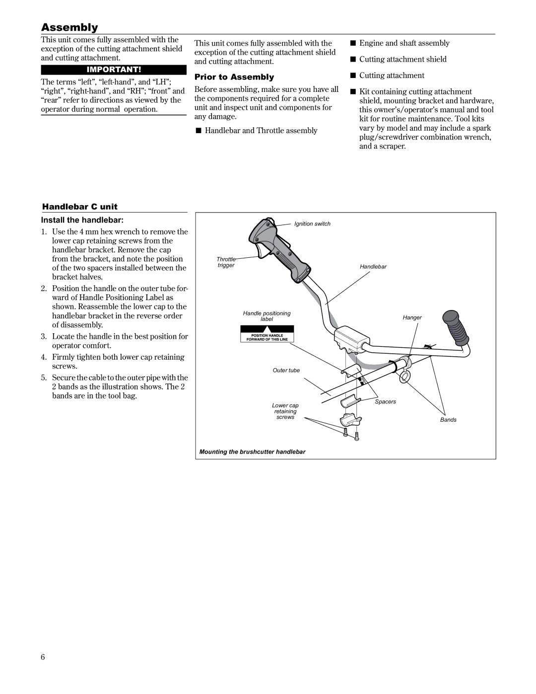 Shindaiwa 89304 manual Handlebar C unit, Prior to Assembly, Install the handlebar, Mounting the brushcutter handlebar 