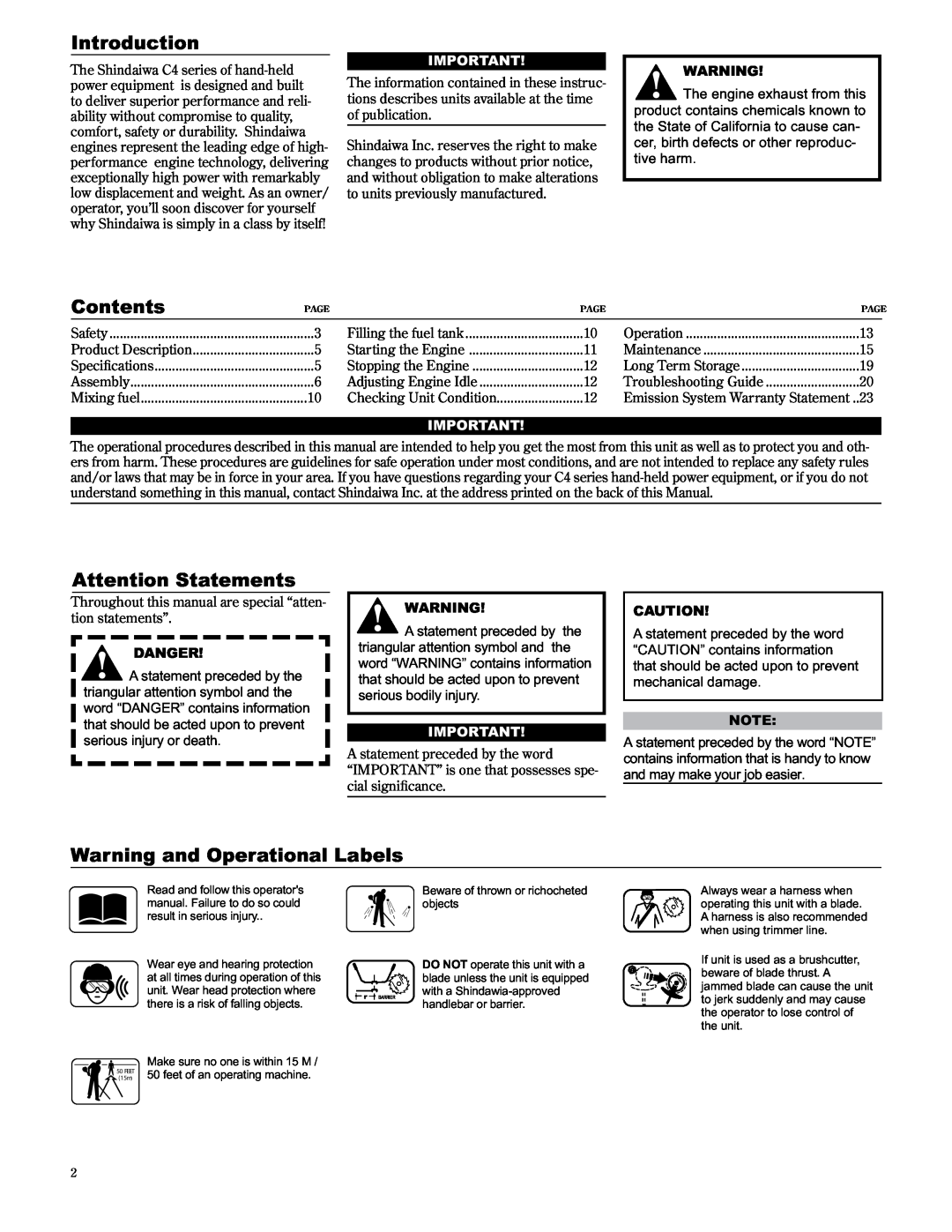 Shindaiwa 89304, C3410/EVC manual Introduction, Contents, Attention Statements, Warning and Operational Labels, Danger 