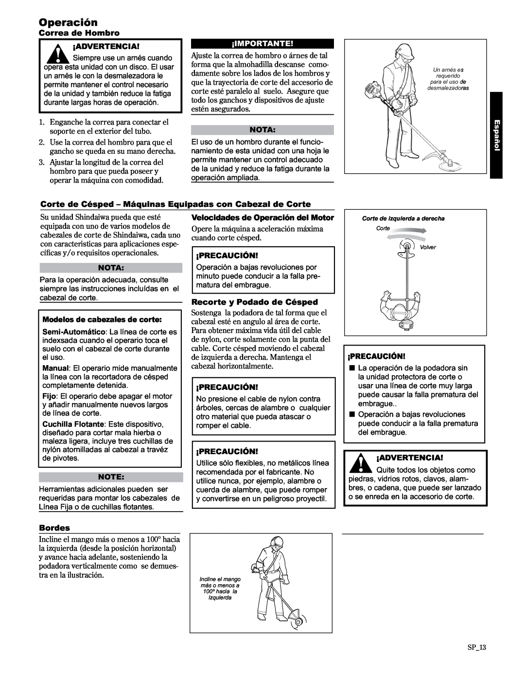 Shindaiwa C3410/EVC manual Operación, Correa de Hombro, Bordes, Recorte y Podado de Césped, ¡Advertencia, ¡Importante, Nota 