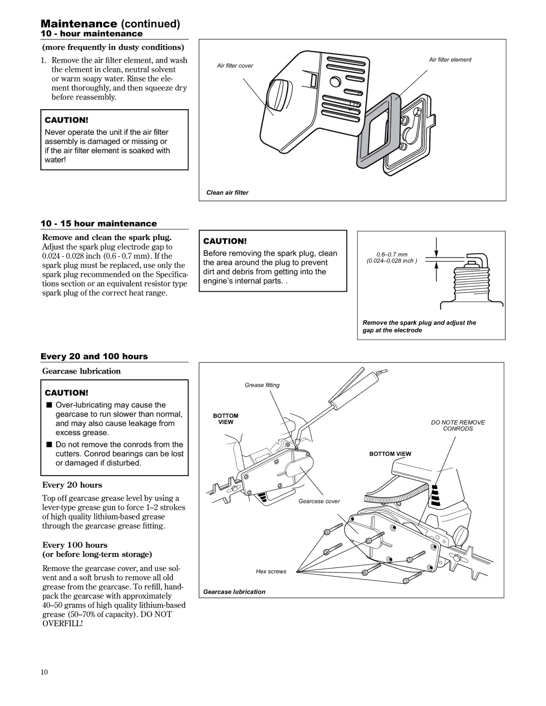 Shindaiwa 89309 manual Hour maintenance, 10 15 hour maintenance, Every 20 and 100 hours 