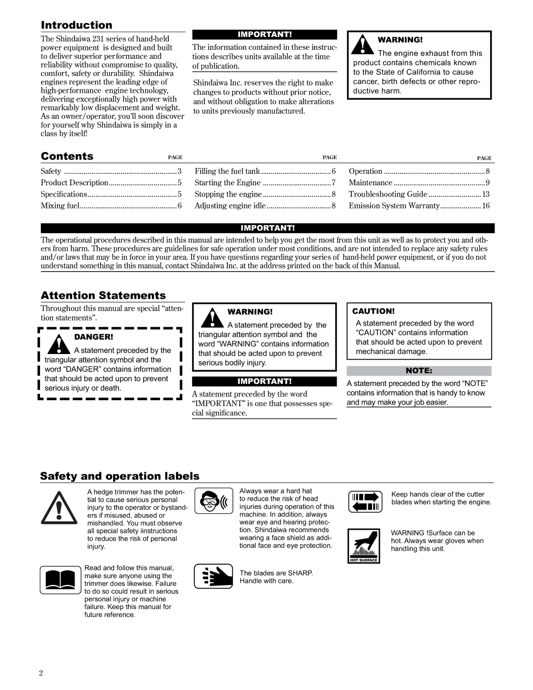 Shindaiwa 89309 manual Introduction, Contents, Safety and operation labels 