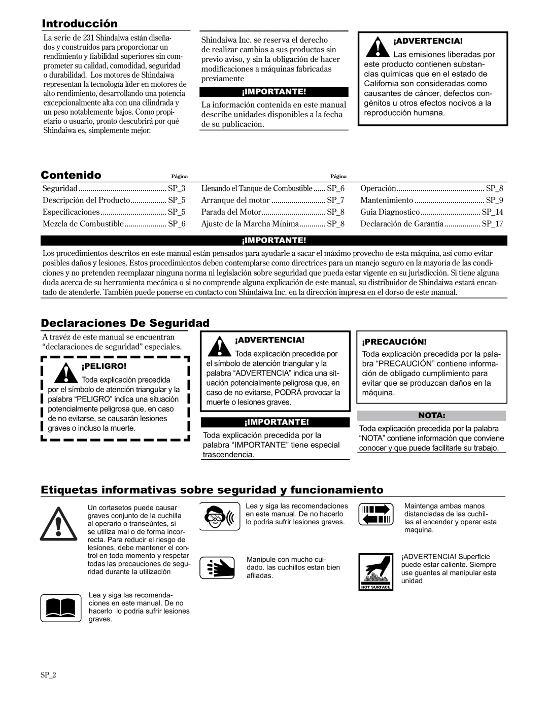 Shindaiwa 89309 manual Introducción, Contenido, Declaraciones De Seguridad 