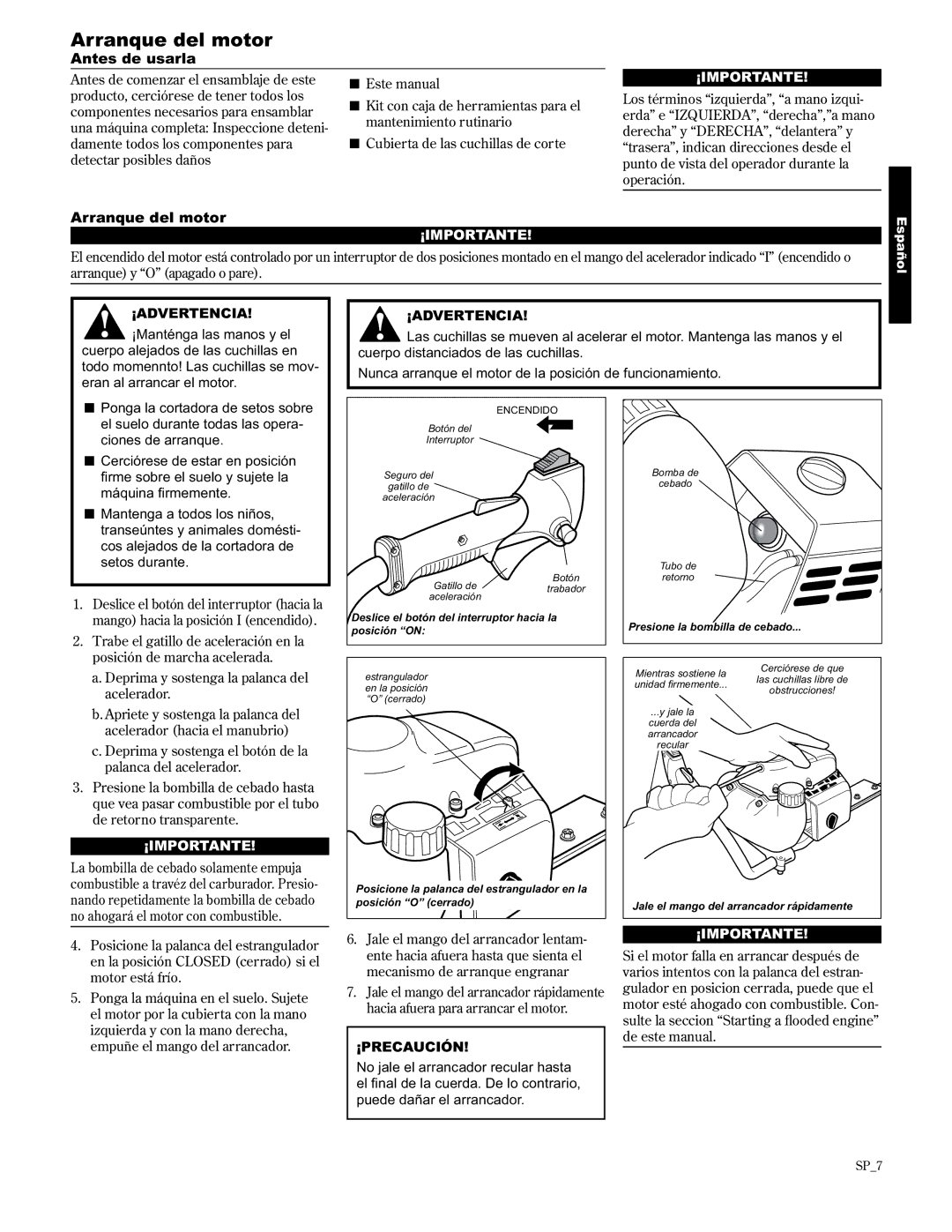 Shindaiwa 89309 manual Arranque del motor, Antes de usarla 