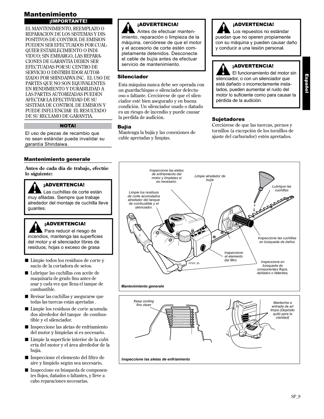 Shindaiwa 89309 manual Mantenimiento generale, Silenciador, Bujía, Sujetadores 