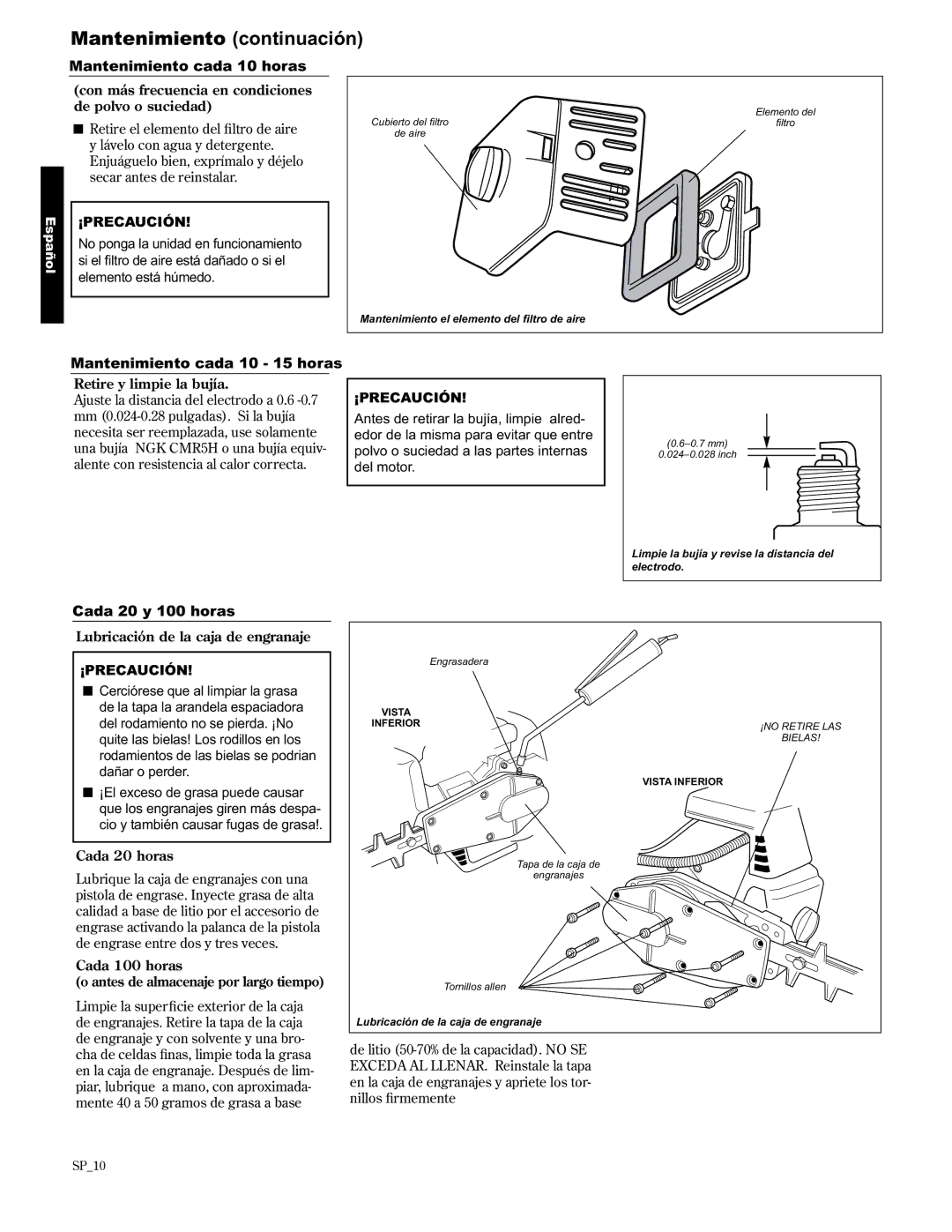 Shindaiwa 89309 manual Mantenimiento continuación, Mantenimiento cada 10 horas, Cada 20 y 100 horas 