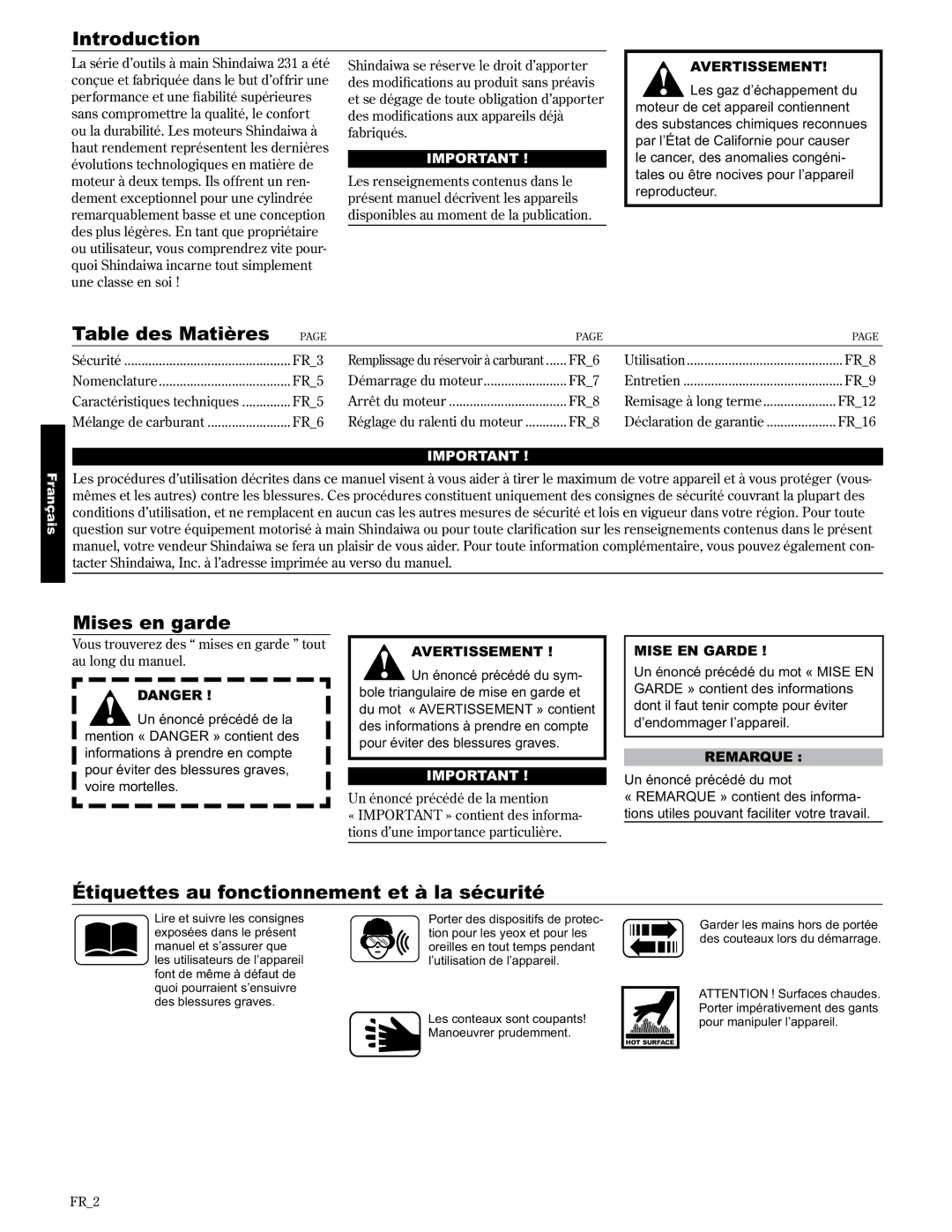 Shindaiwa 89309 Table des Matières, Mises en garde, Étiquettes au fonctionnement et à la sécurité, Mise EN Garde, Remarque 