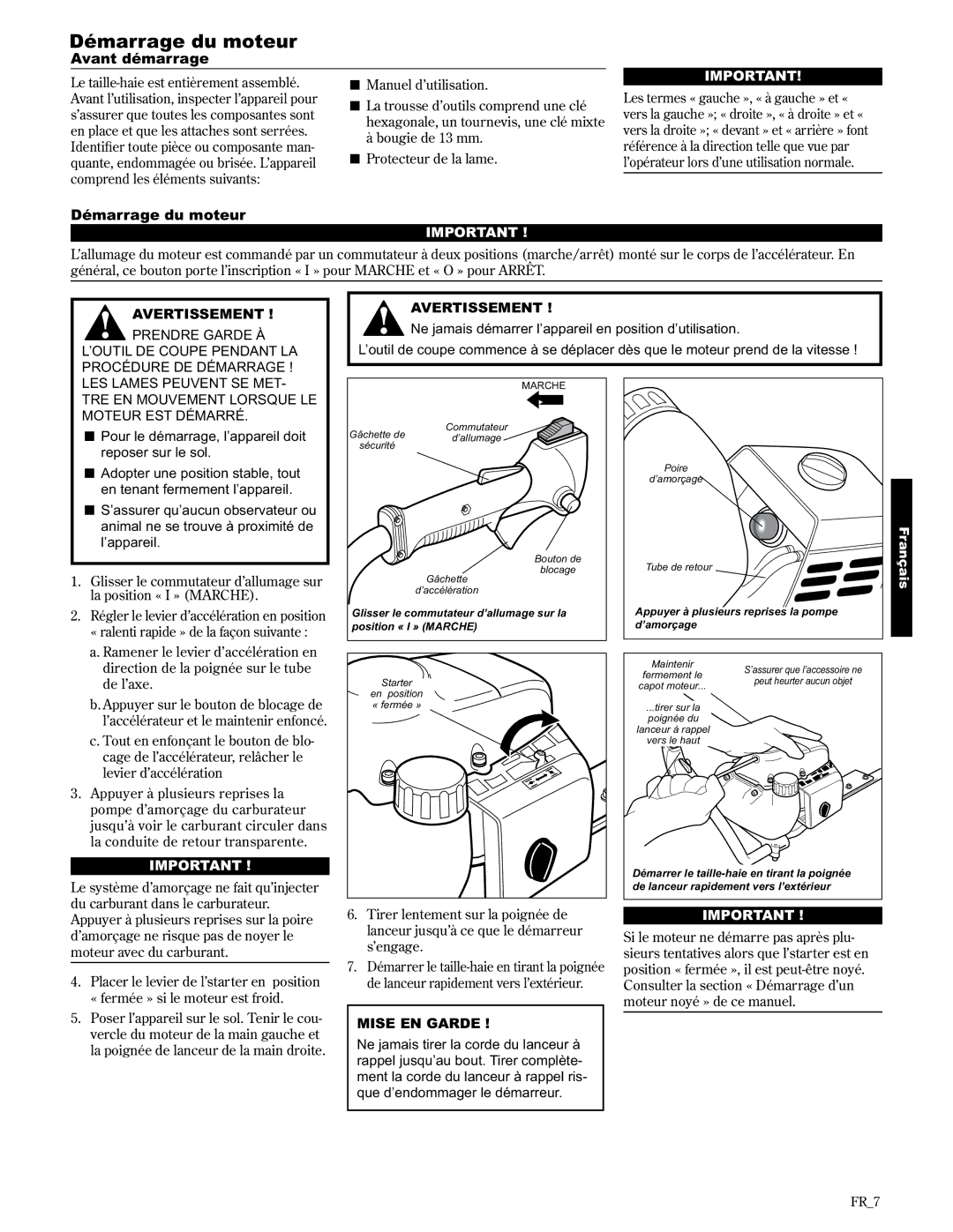 Shindaiwa 89309 manual Démarrage du moteur, Avant démarrage 