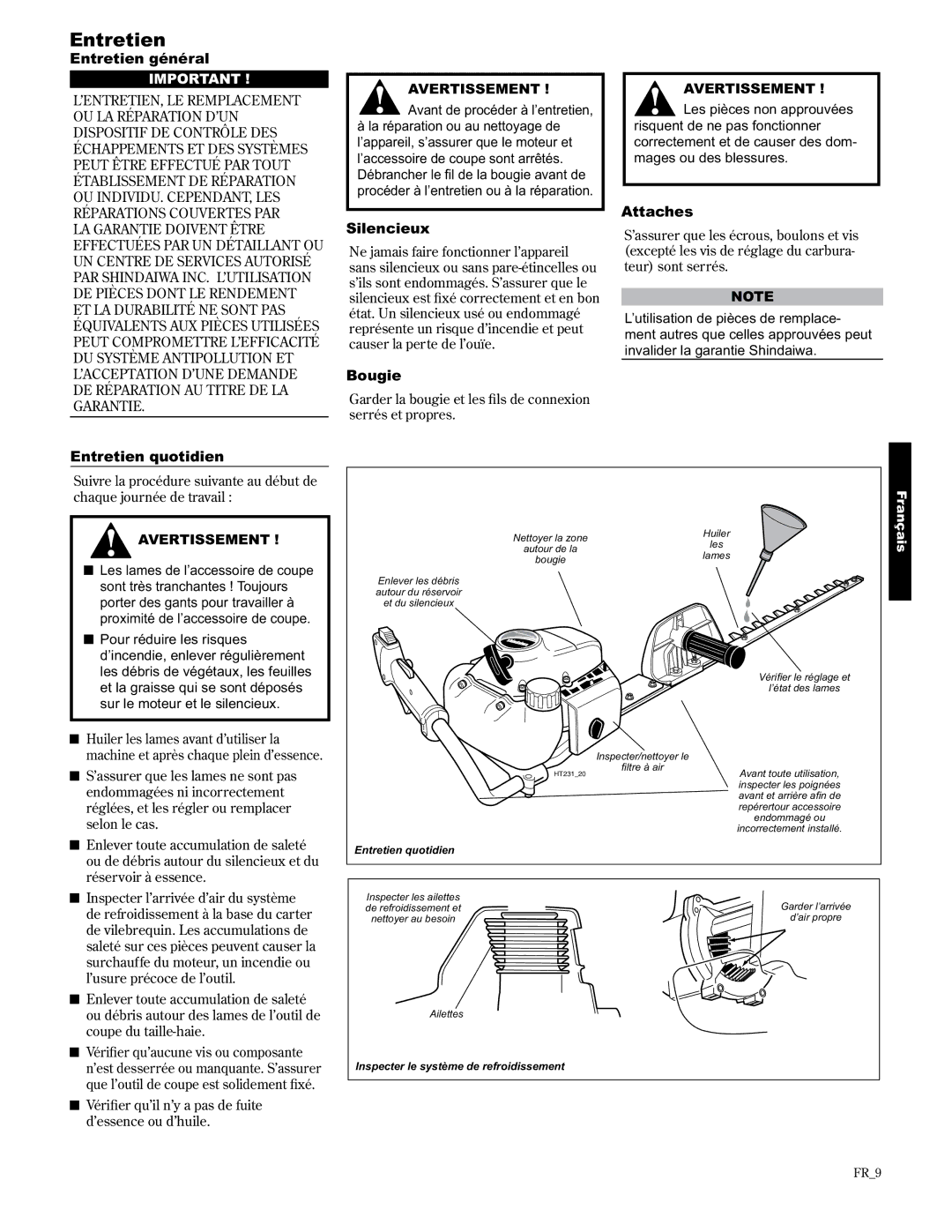 Shindaiwa 89309 manual Entretien 