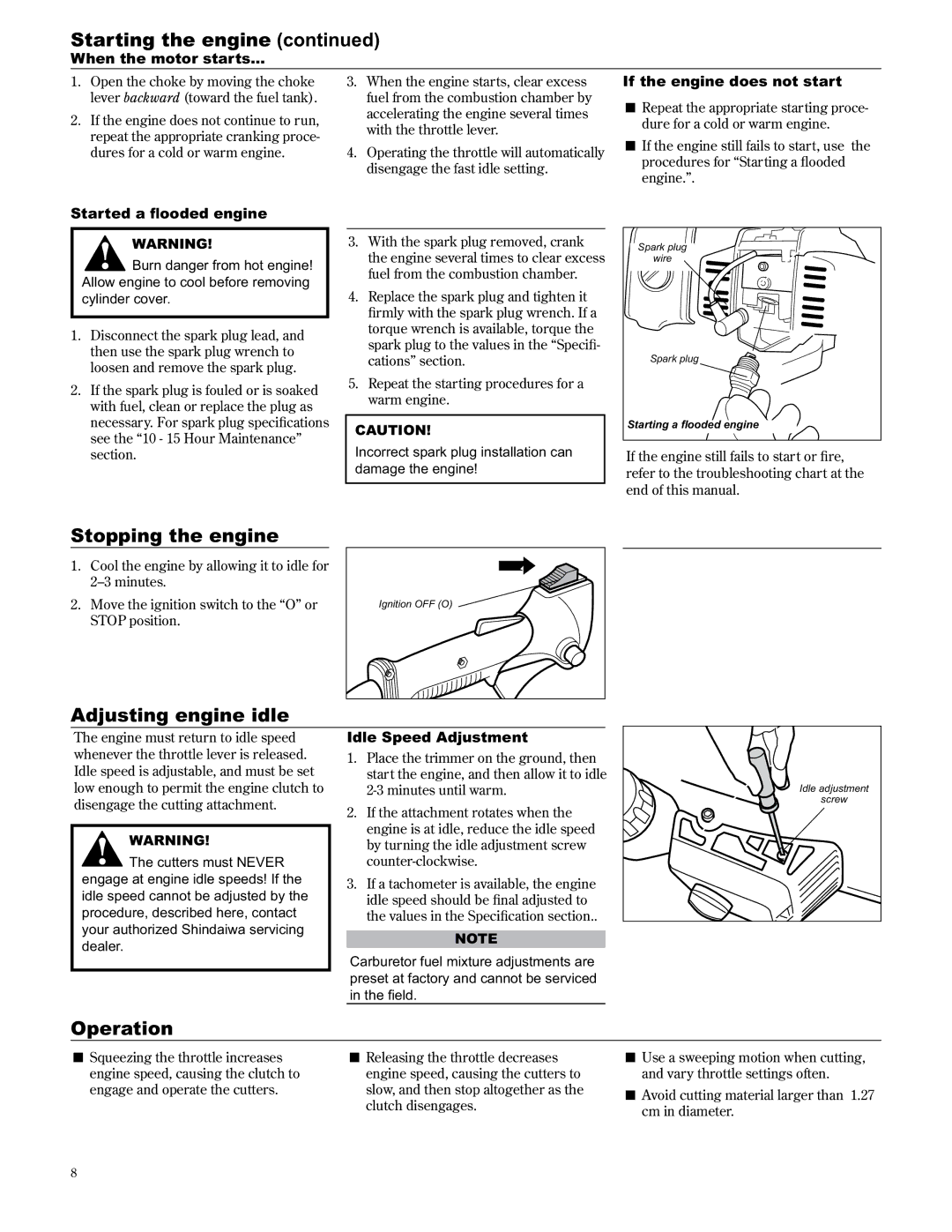 Shindaiwa 89309 manual Stopping the engine, Adjusting engine idle, Operation 